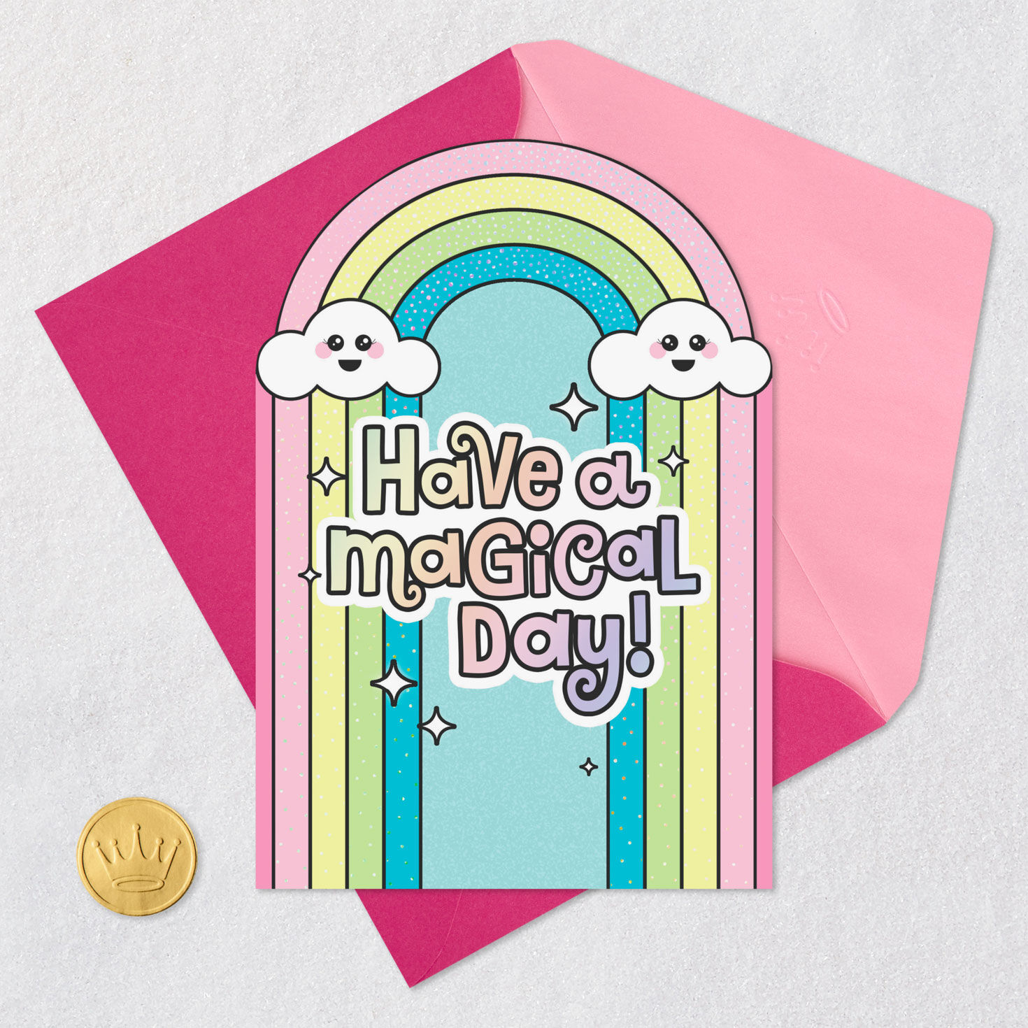 Retro Rainbow, Stars and Clouds Kids Birthday Card Card Front with Envelope and Gold Seal image number 5