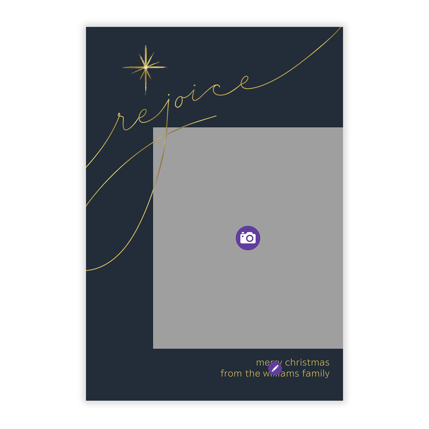 Blue Gold Rejoice Personalized Christmas Photo Card Card Front indicating personalization image number 5