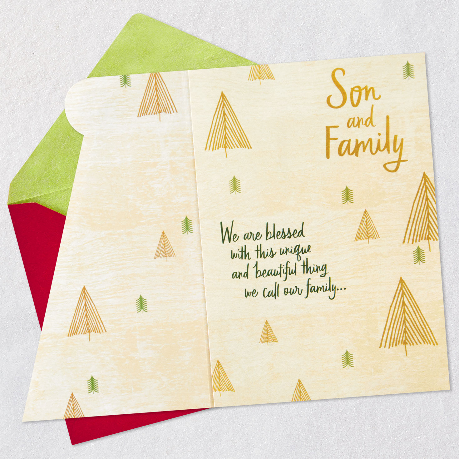 Green and Gold Trees Christmas Card for Son and Family Open card with envelope image number 4