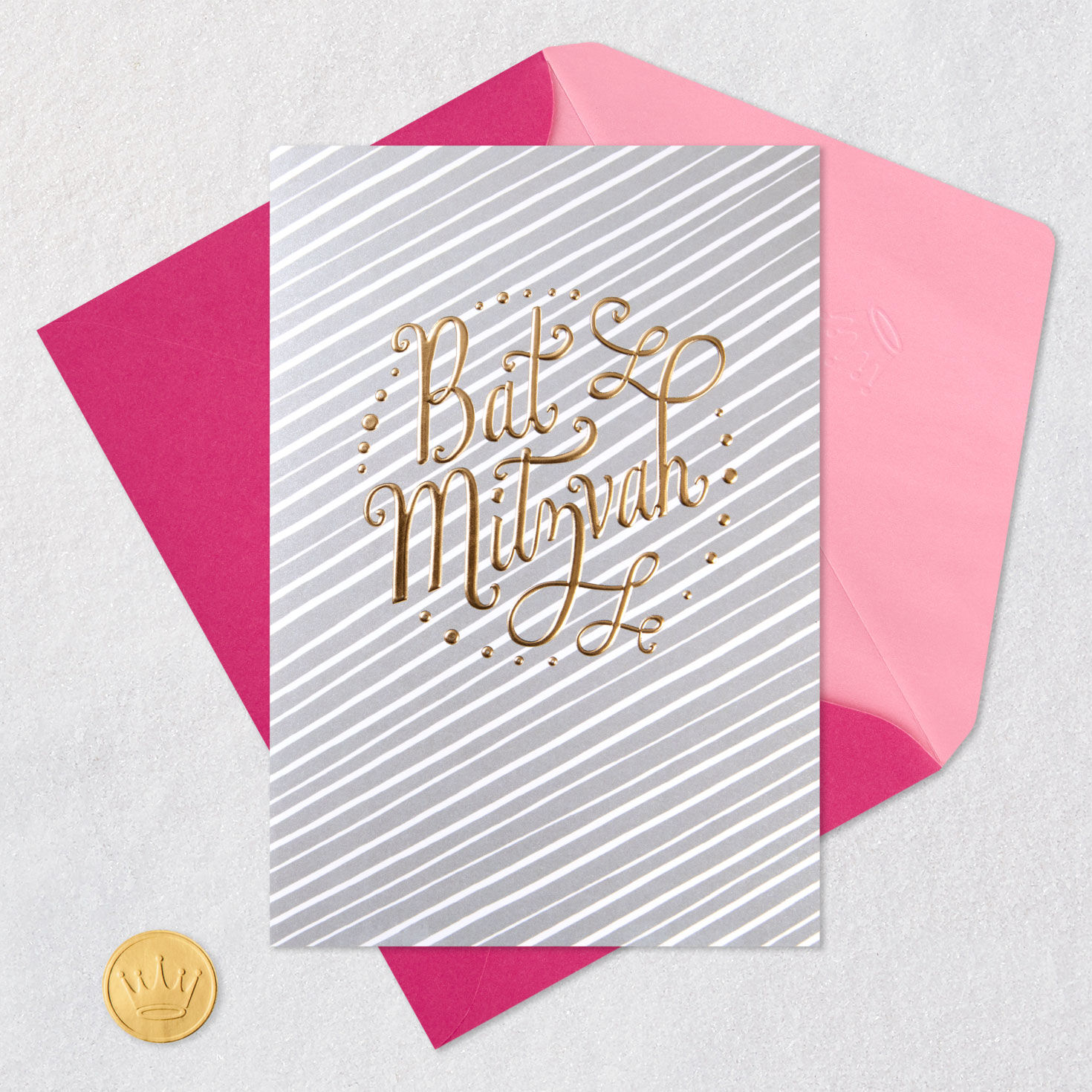 Silver Stripes and Script Bat Mitzvah Card for Her Card Front with Envelope and Gold Seal image number 5