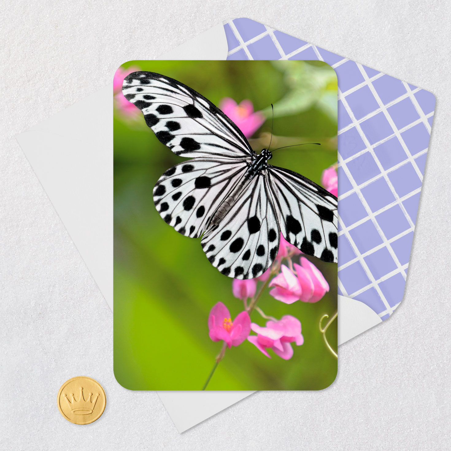 Black-and-White Butterfly and Pink Flowers Blank Card Card Front with Envelope and Gold Seal image number 4