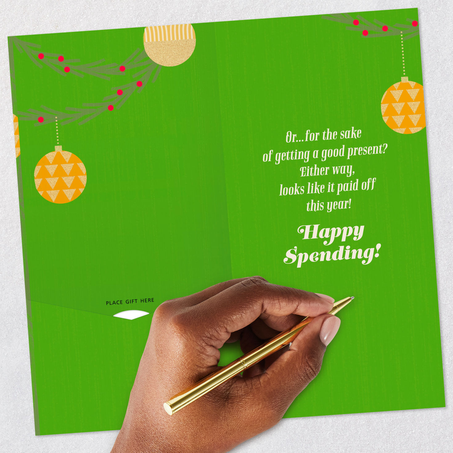 Gold Ornaments on Green Money Holder Christmas Card Signing card image number 7