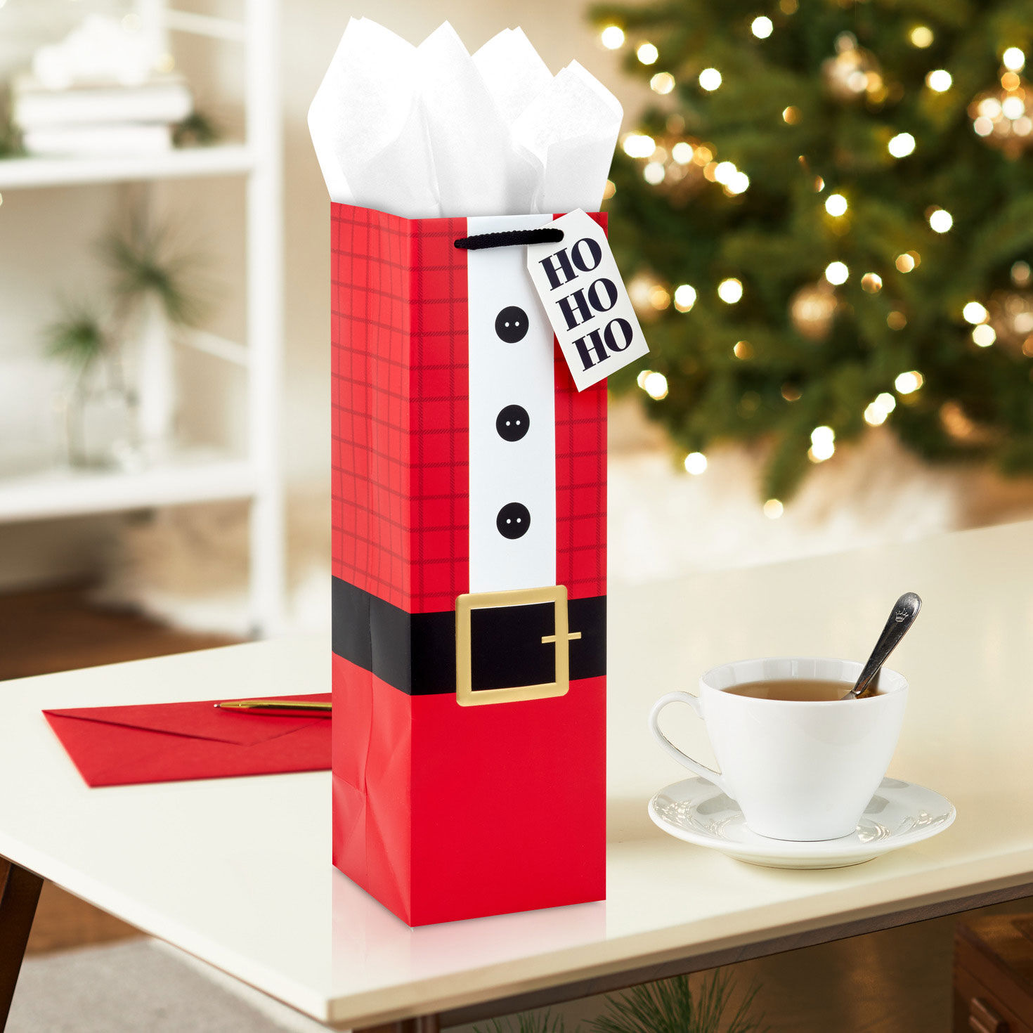 Santa Suit Christmas Wine Gift Bag In Use image number 2