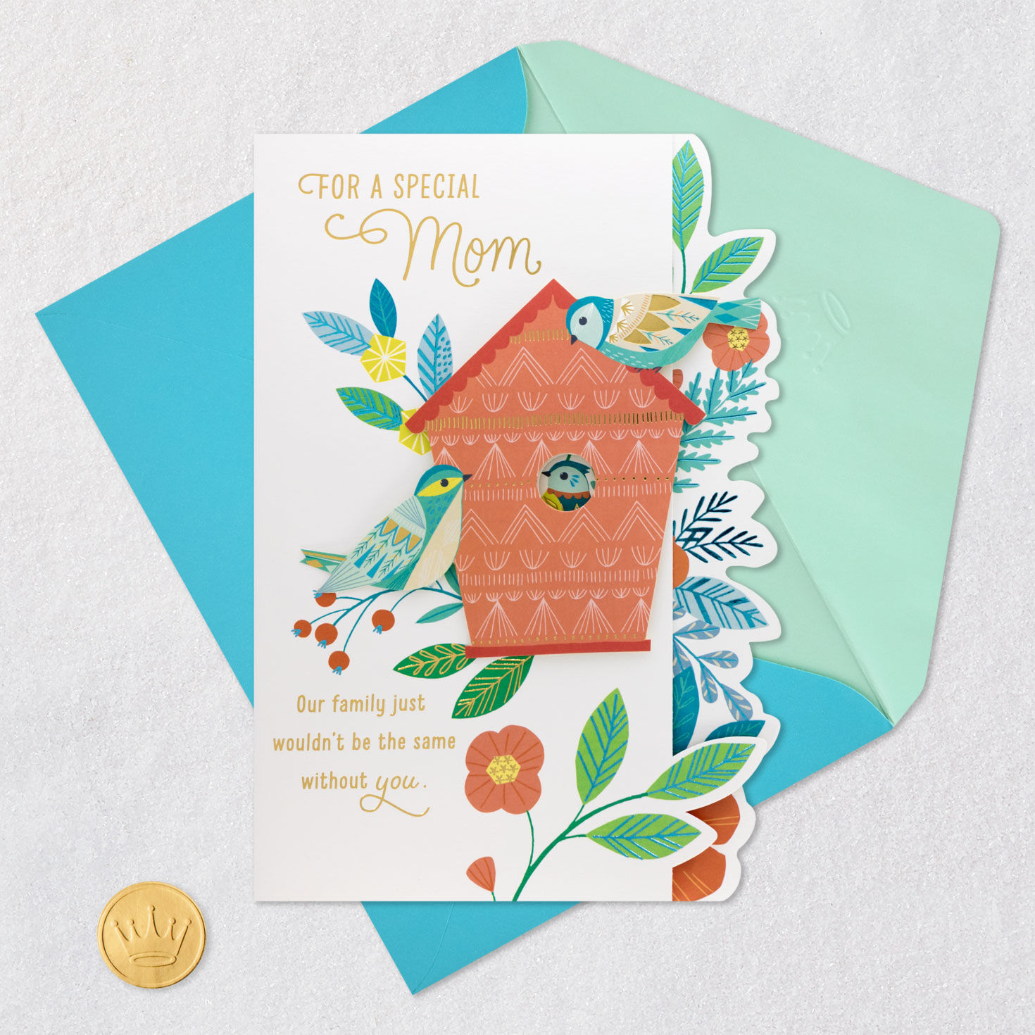 Birdhouse and Flowers Mom Mother's Day Card Card Front with Envelope and Gold Seal image number 6