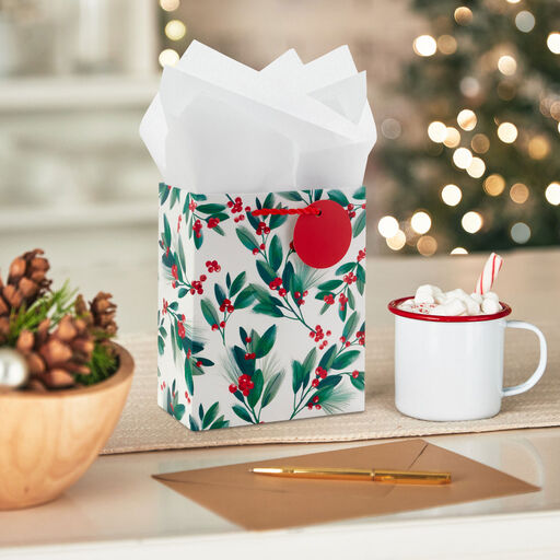 6.5" Winter Greenery Small Christmas Gift Bag With Tissue Paper, 