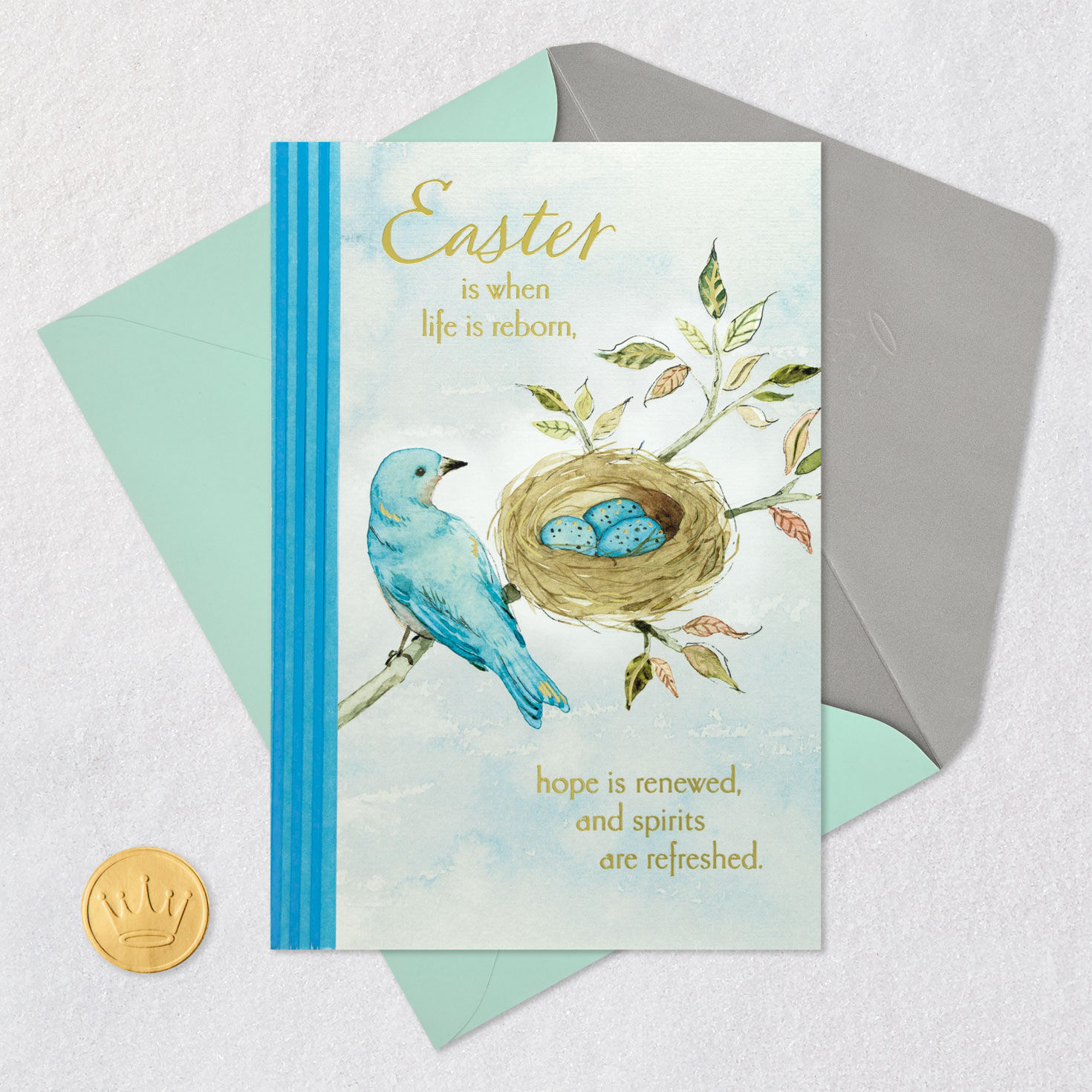Bluebird and Nest With Eggs Easter Card Card Front with Envelope and Gold Seal image number 5