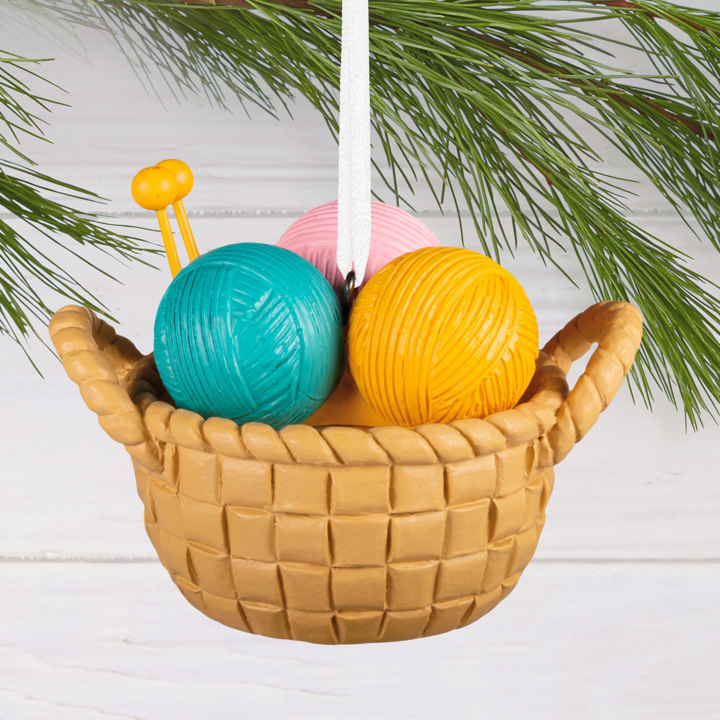 Knitting Basket of Yarn Christmas Ornament hanging on tree image number 2