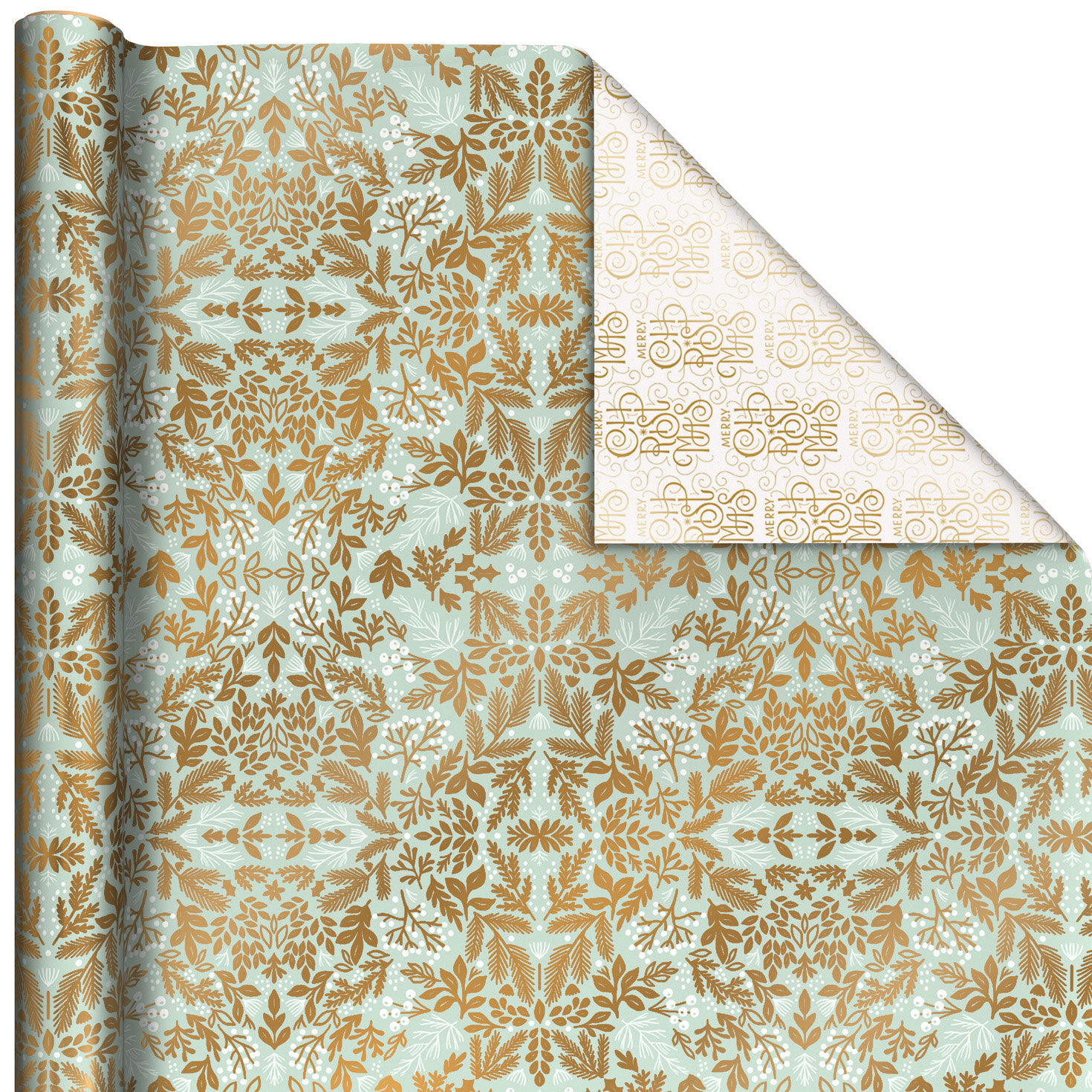Gold Floral on Blue/Merry Christmas Reversible Wrapping Paper Roll, 30 sq. ft. for only USD 4.99 | Hallmark