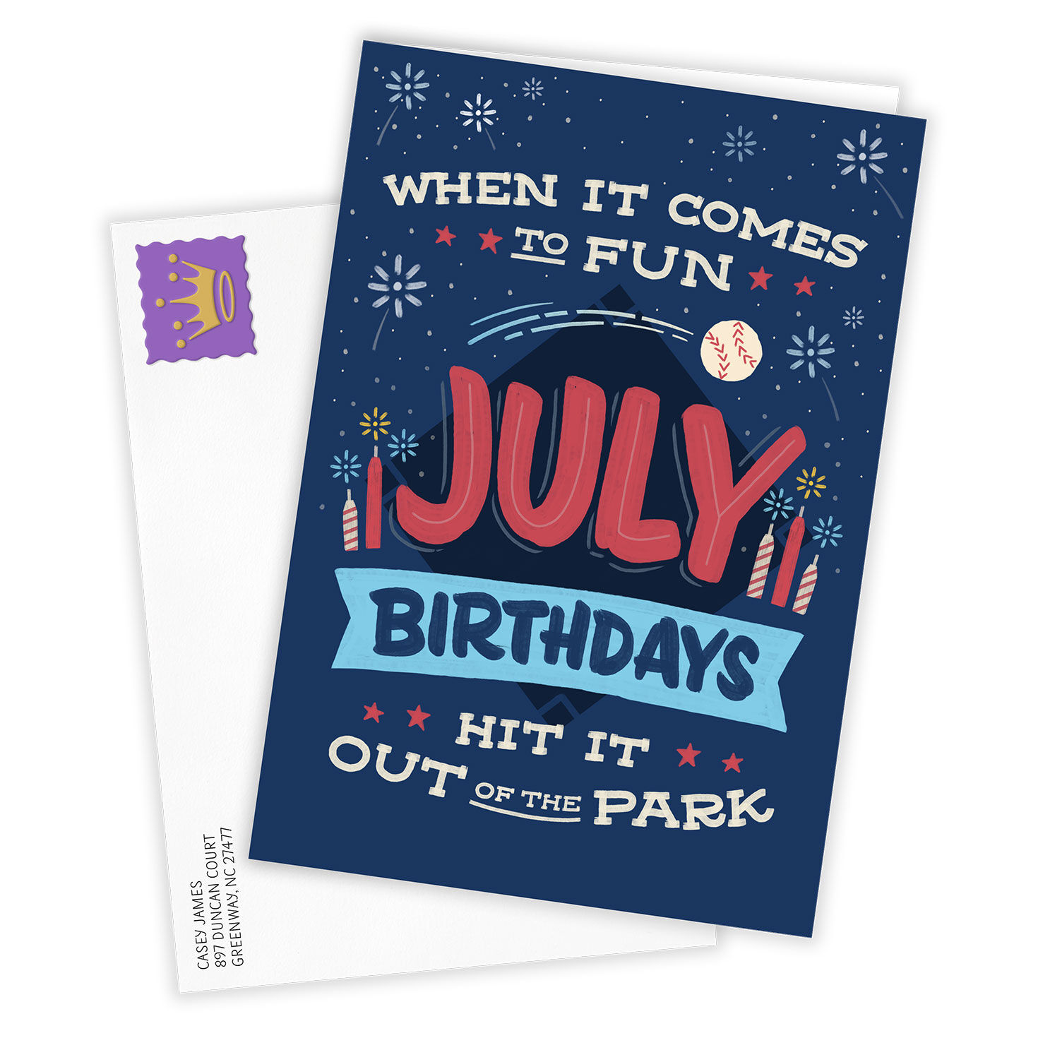 July Baseball Fireworks Personalized Birthday Card Card Front with Envelope image number 2