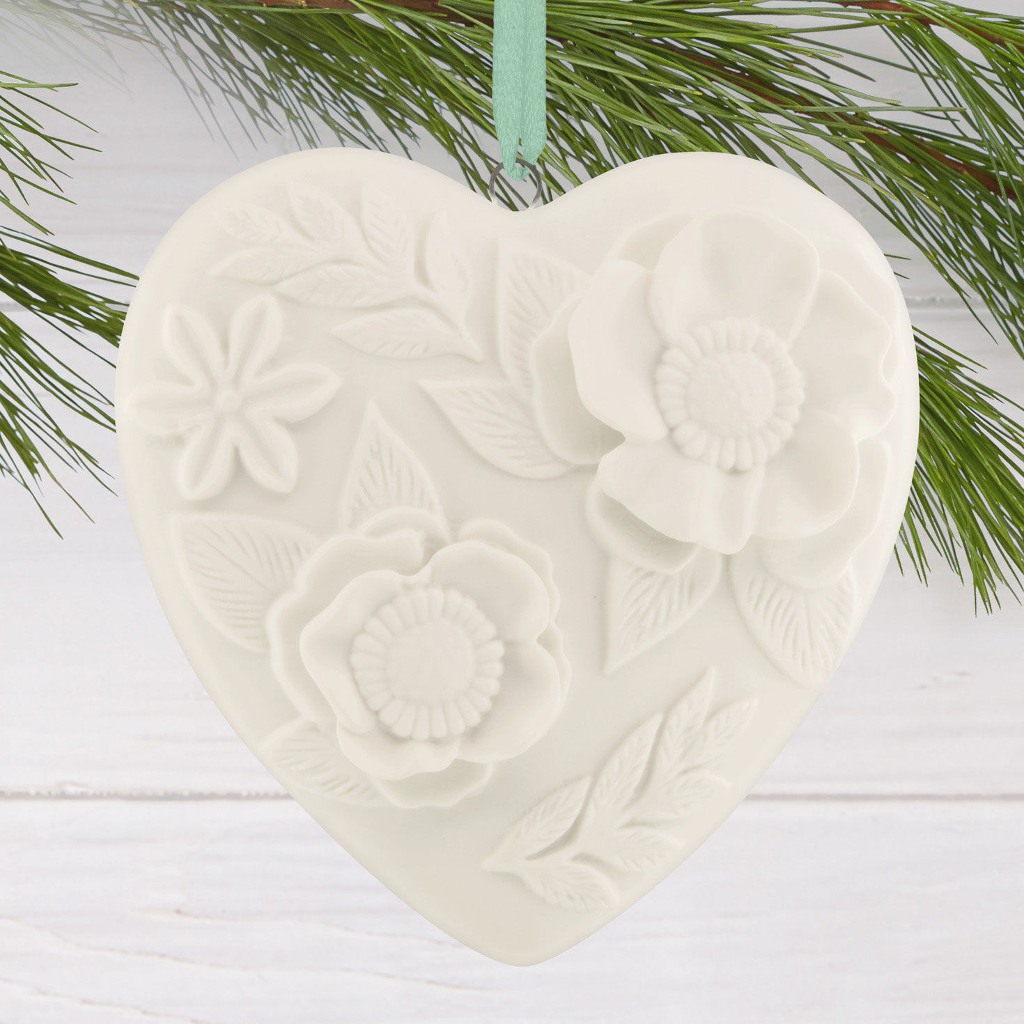 White Heart With Flowers Christmas Ornament hanging on tree image number 2