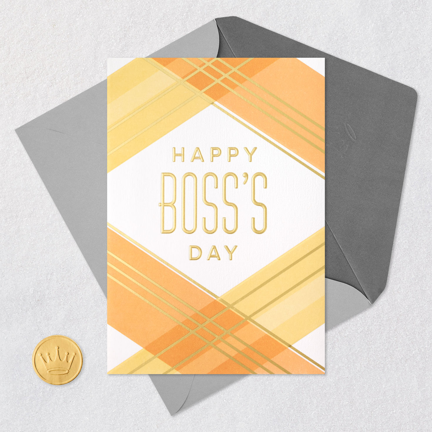 Orange, Yellow and Gold Plaid Boss's Day Card Card Front with Envelope and Gold Seal image number 6