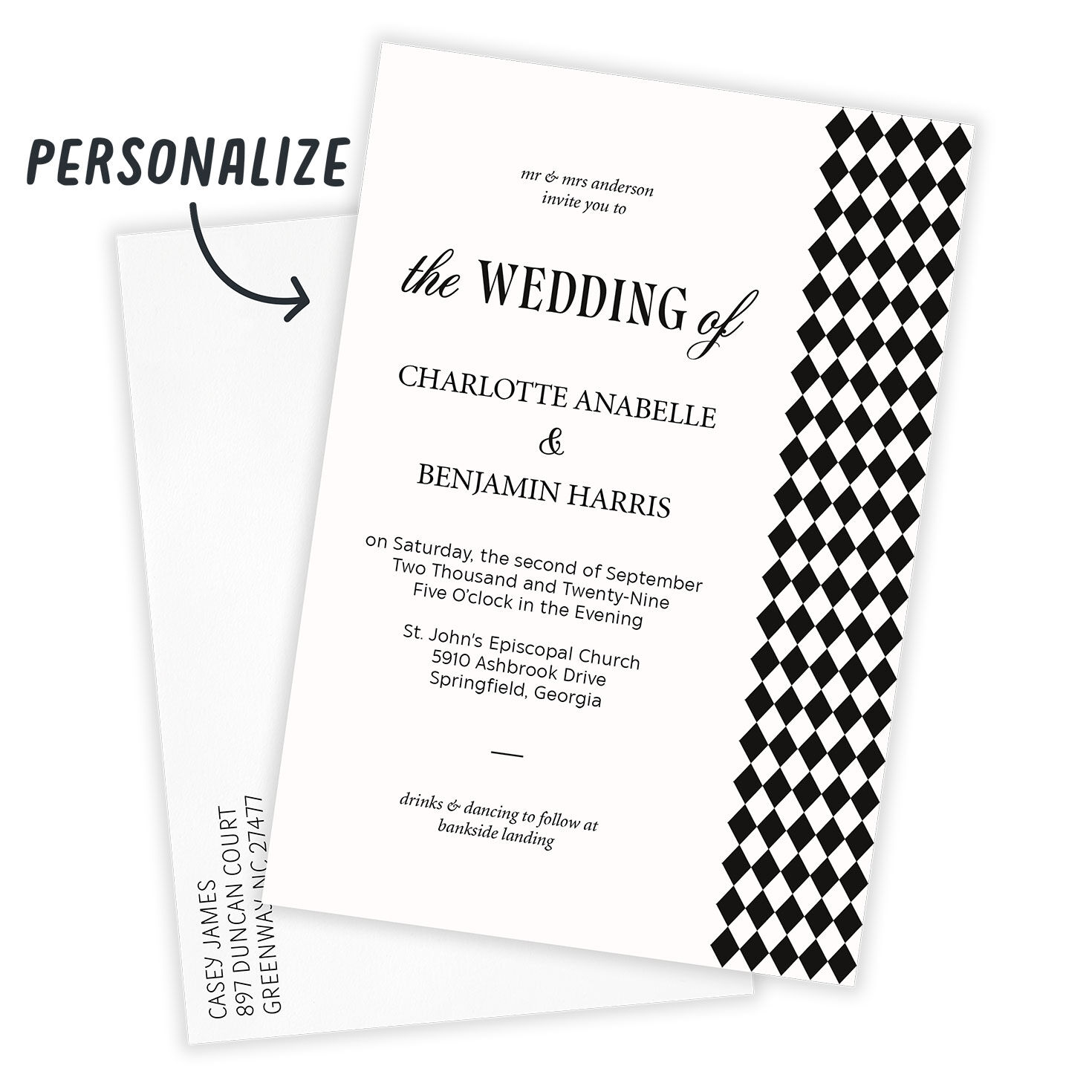 Black White Diamonds Personalized Wedding Invitation Card front with Envelope indicating personalization image number 2