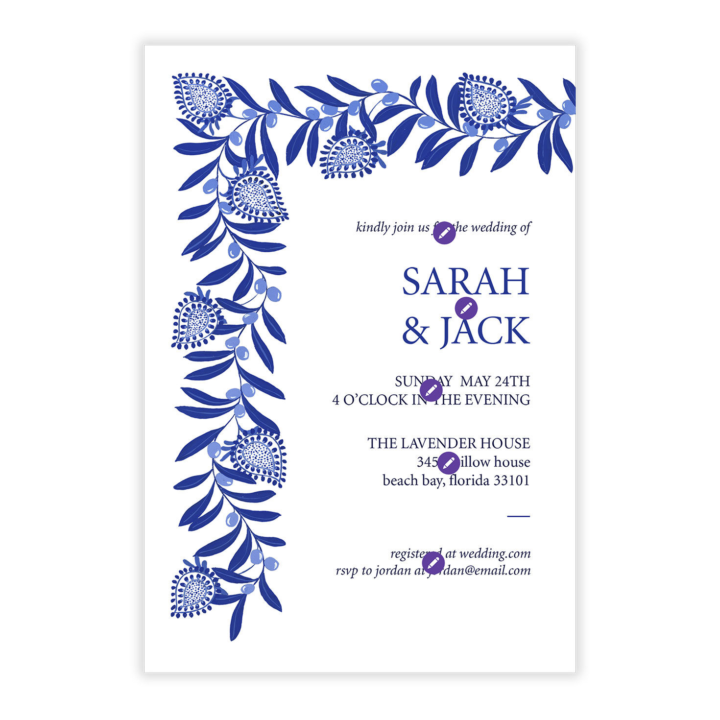Blue Botanical Border Personalized Wedding Invitation Card Front indicating personalization image number 5