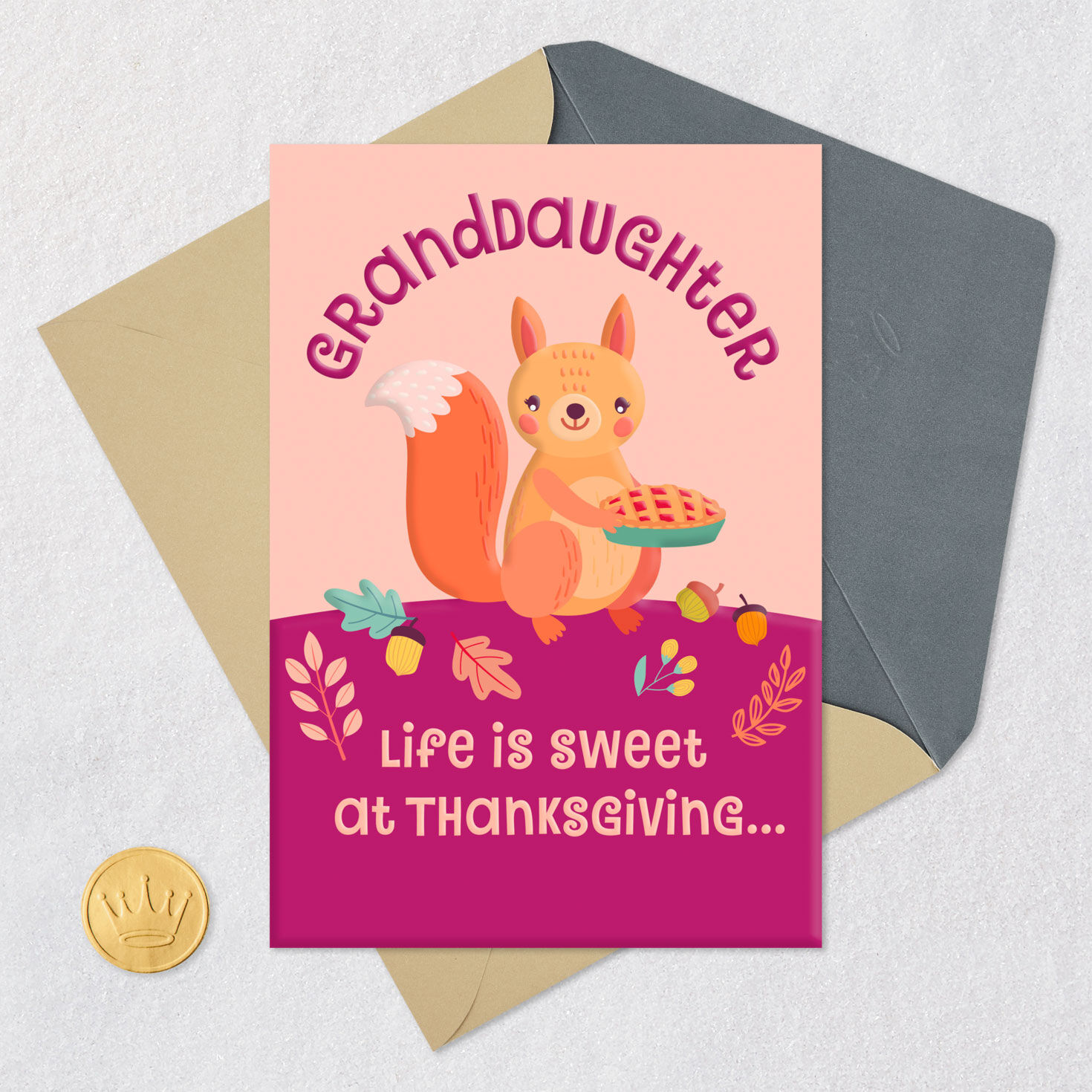 Squirrel with Pie Thanksgiving Card for Granddaughter Card Front with Envelope and Gold Seal image number 5