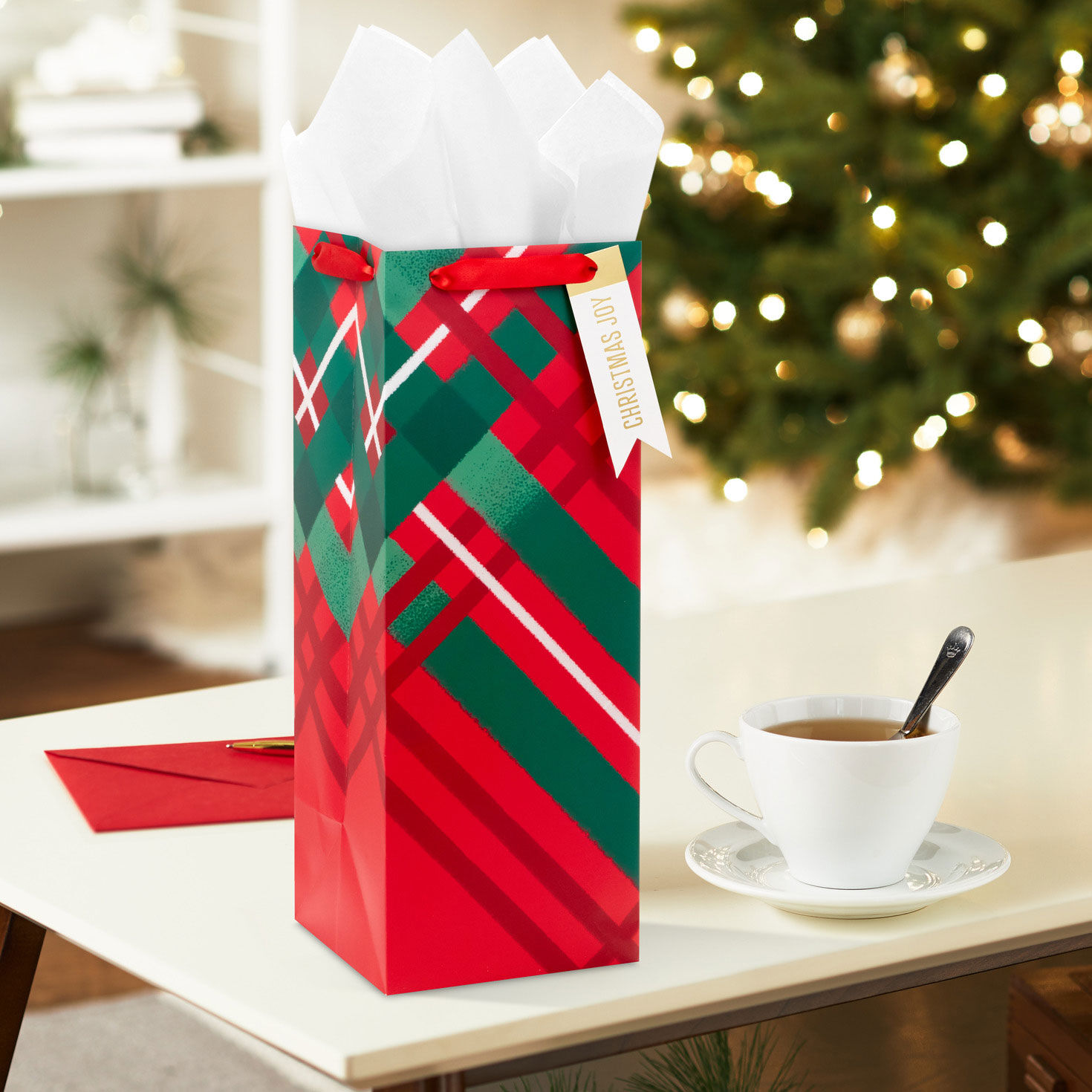 Red and Green Plaid Christmas Large Wine Bag With Tag In Use image number 2