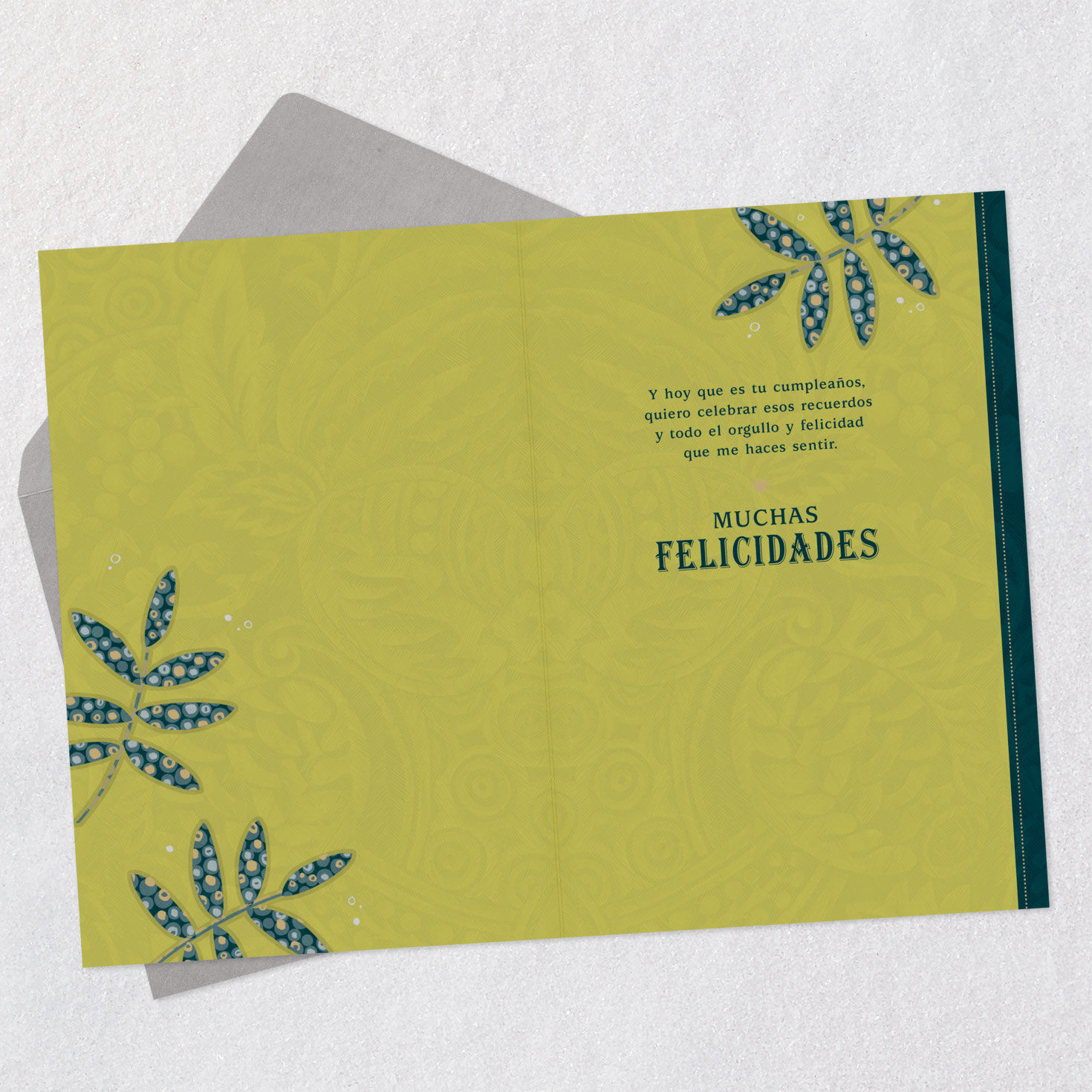 Patterned Leaves Grandson Birthday Card in Spanish Open card with envelope image number 3