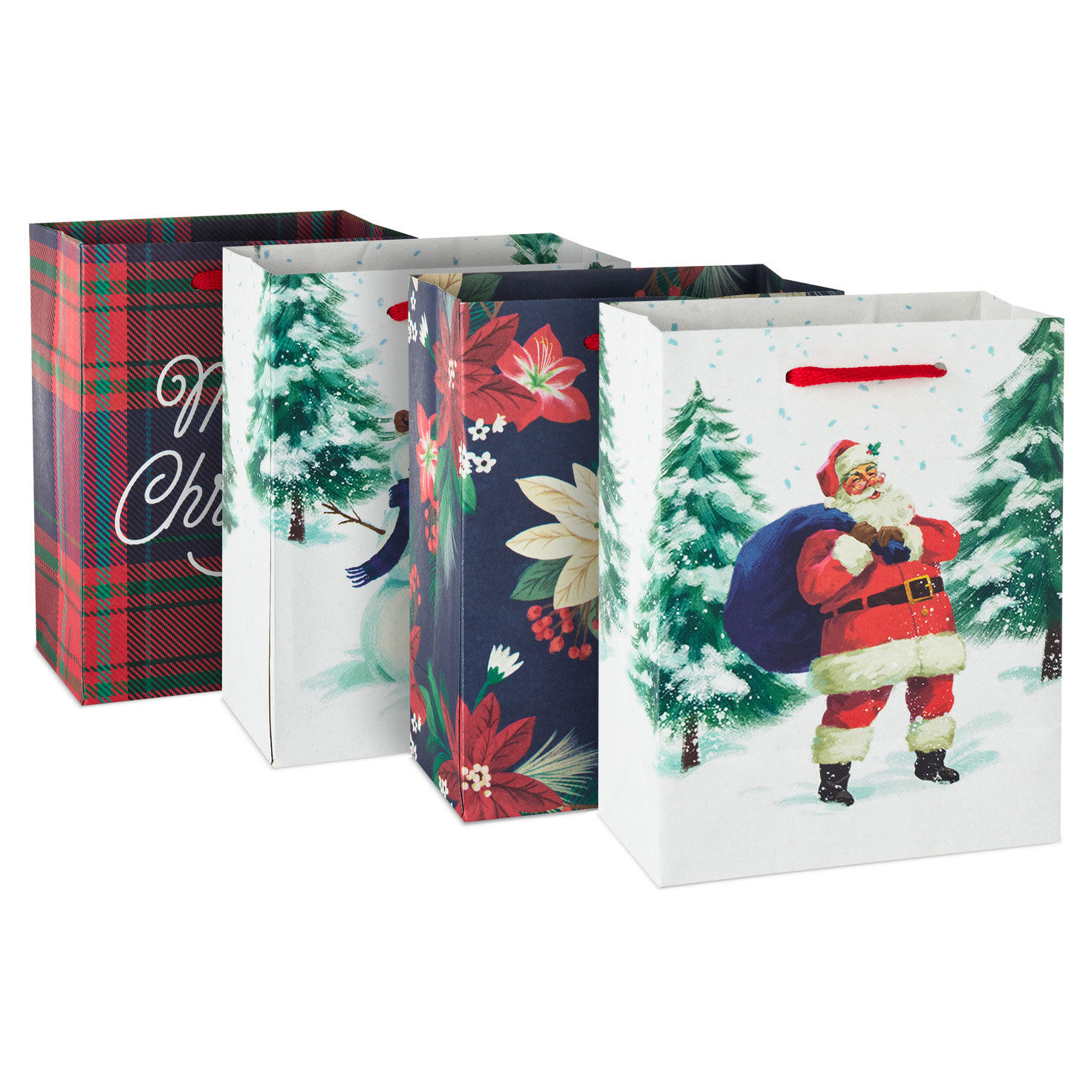 5.7" Blue and Red Plaid and Santa 4-Pack Assorted Small Christmas Gift Bag Bundle