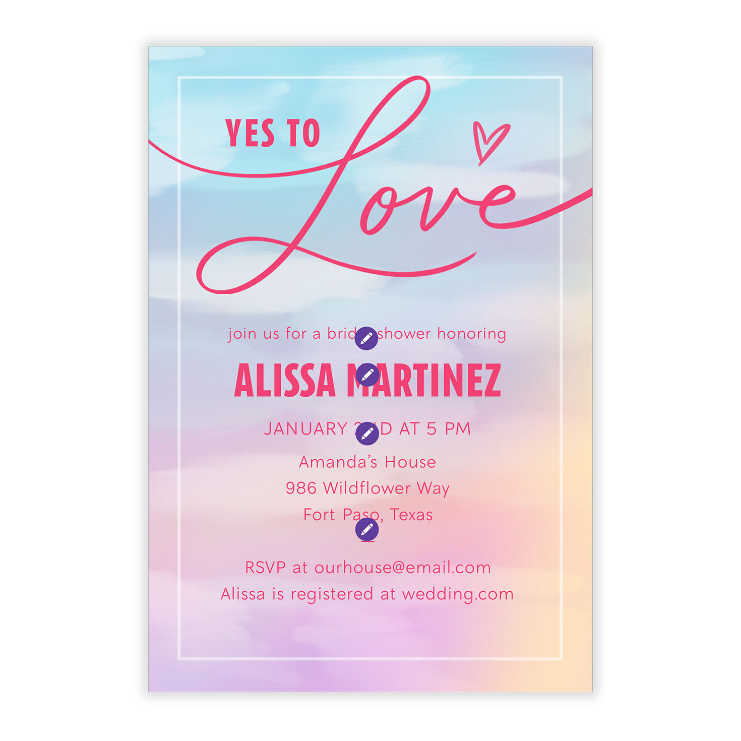 Colored Clouds Personalized Shower Invitation Card Front indicating personalization image number 5