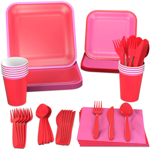 Color Pop 96-Piece Tableware Basics Party Kit, Red and Pink, 