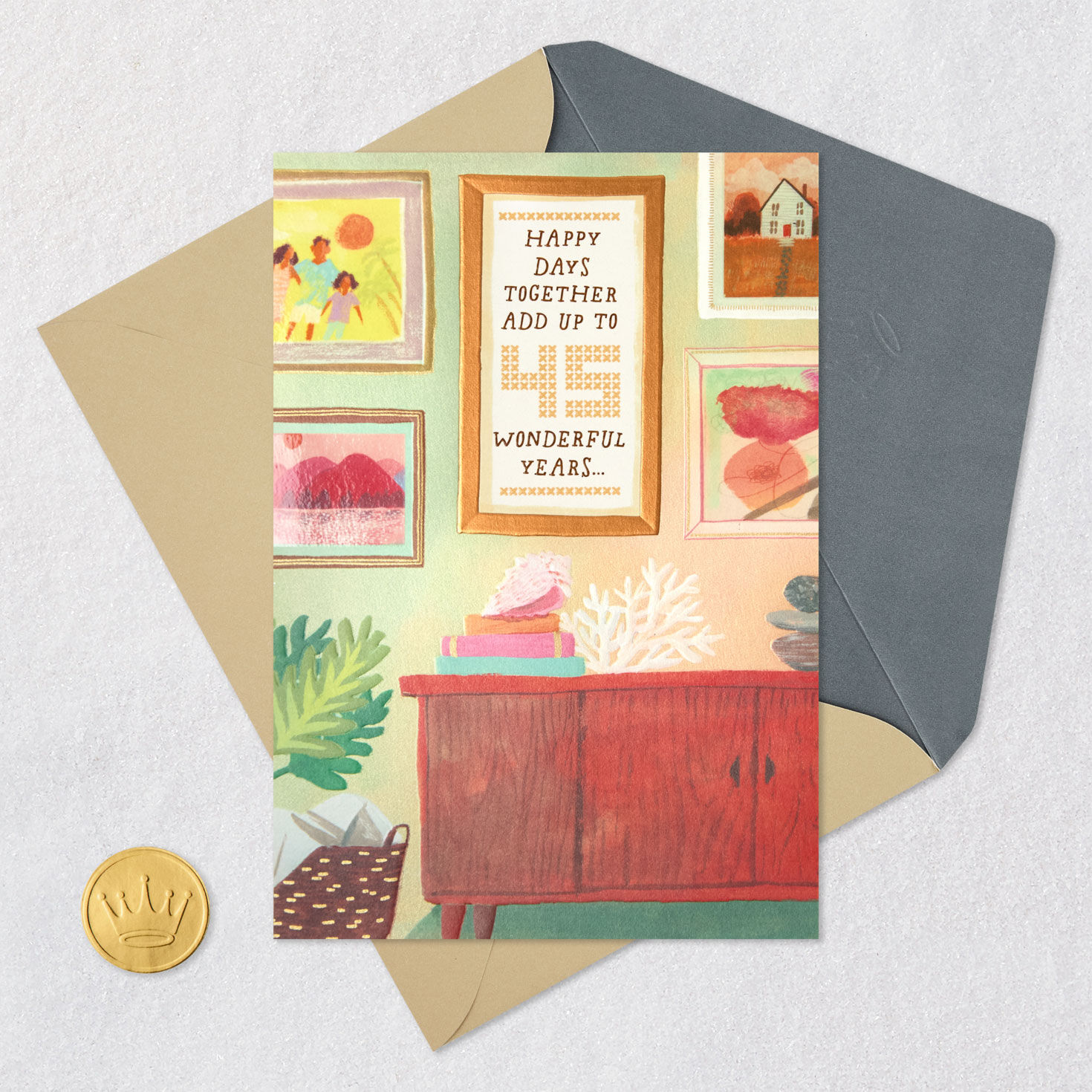 Family Photos and Needlepoint on Home Wall 45th Anniversary Card Card Front with Envelope and Gold Seal image number 5