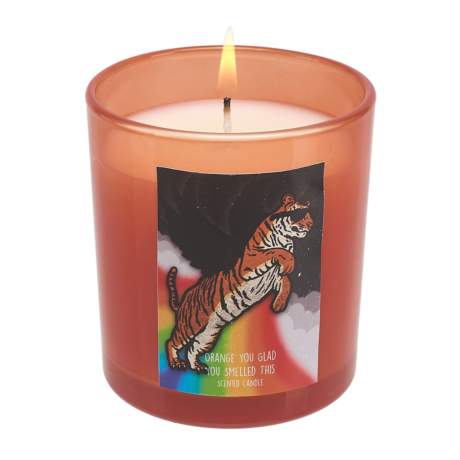Rainbow Tiger Orange Scented Candle in Orange Glass Jar front lit image number 2