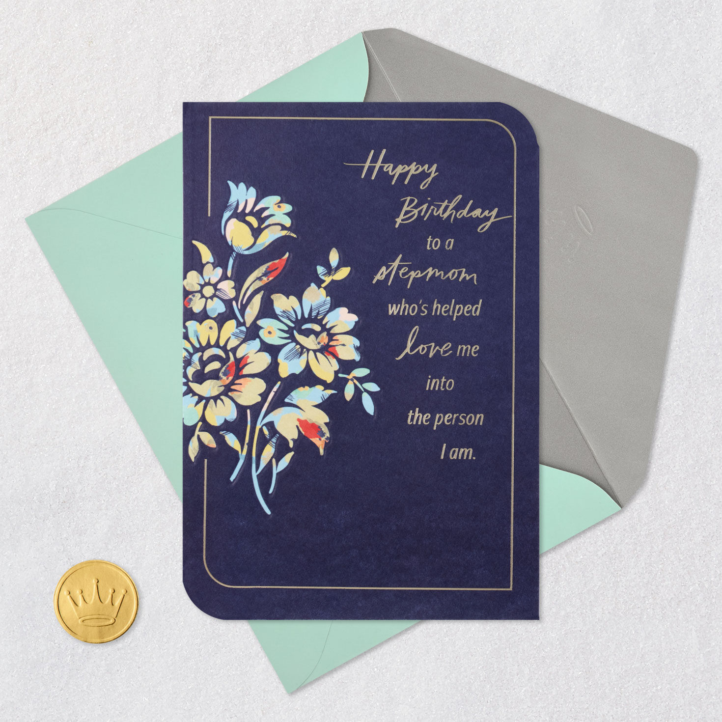 Flowers on Blue Stepmom Birthday Card Card Front with Envelope and Gold Seal image number 6