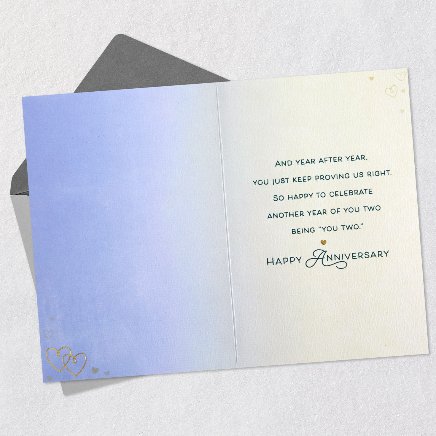 Gold Hands and Hearts on Ombre Blue Anniversary Card for Granddaughter Open card with envelope image number 3