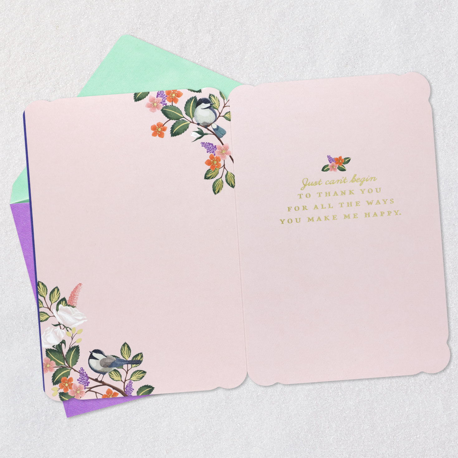 Birds and Flowers on Dark Blue Romantic Easter Card Open card with envelope image number 3