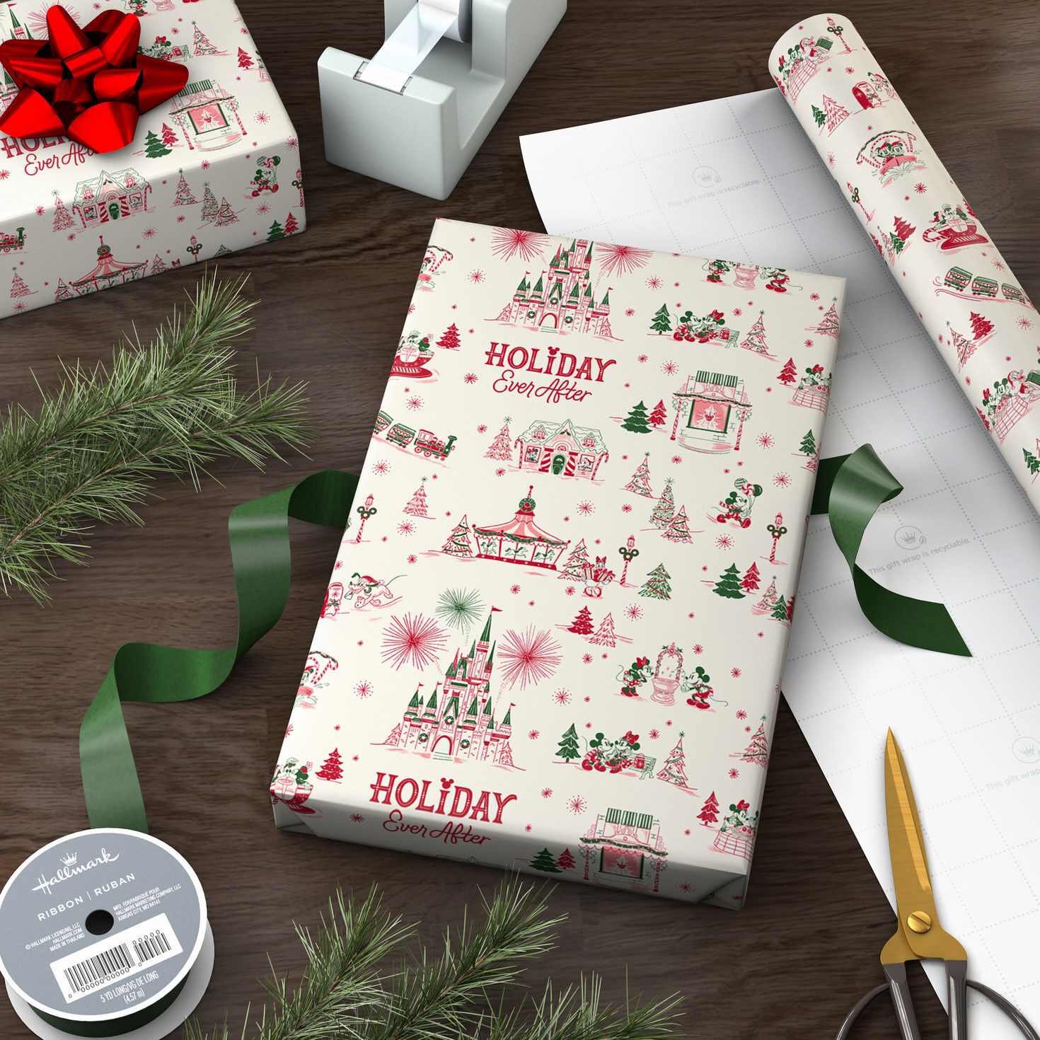 Ivory, Red and Green Disney World Wrapping Paper Wrapped pkg image number 3