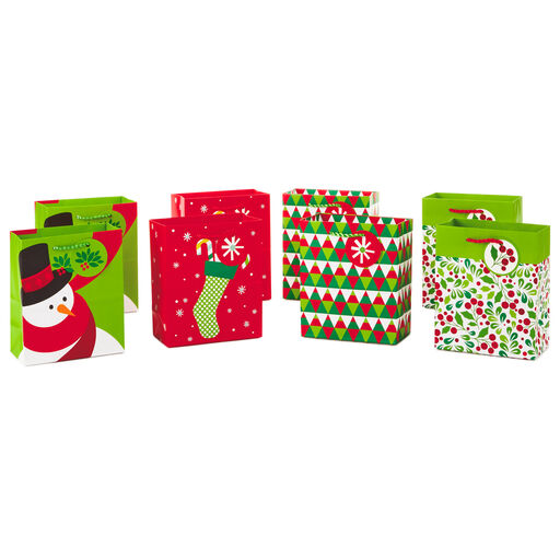 6.5" Assorted Red and Green Prints 8-Pack Small Christmas Gift Bags, 