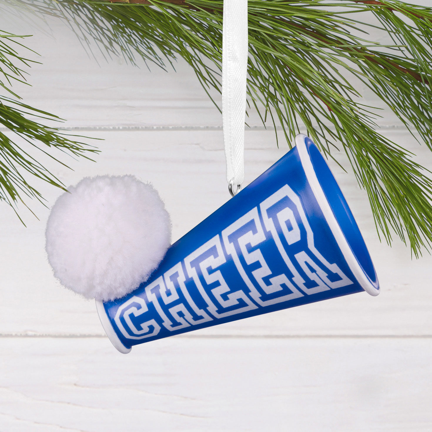 Blue Cheerleading Megaphone Christmas Ornament hanging on tree image number 2