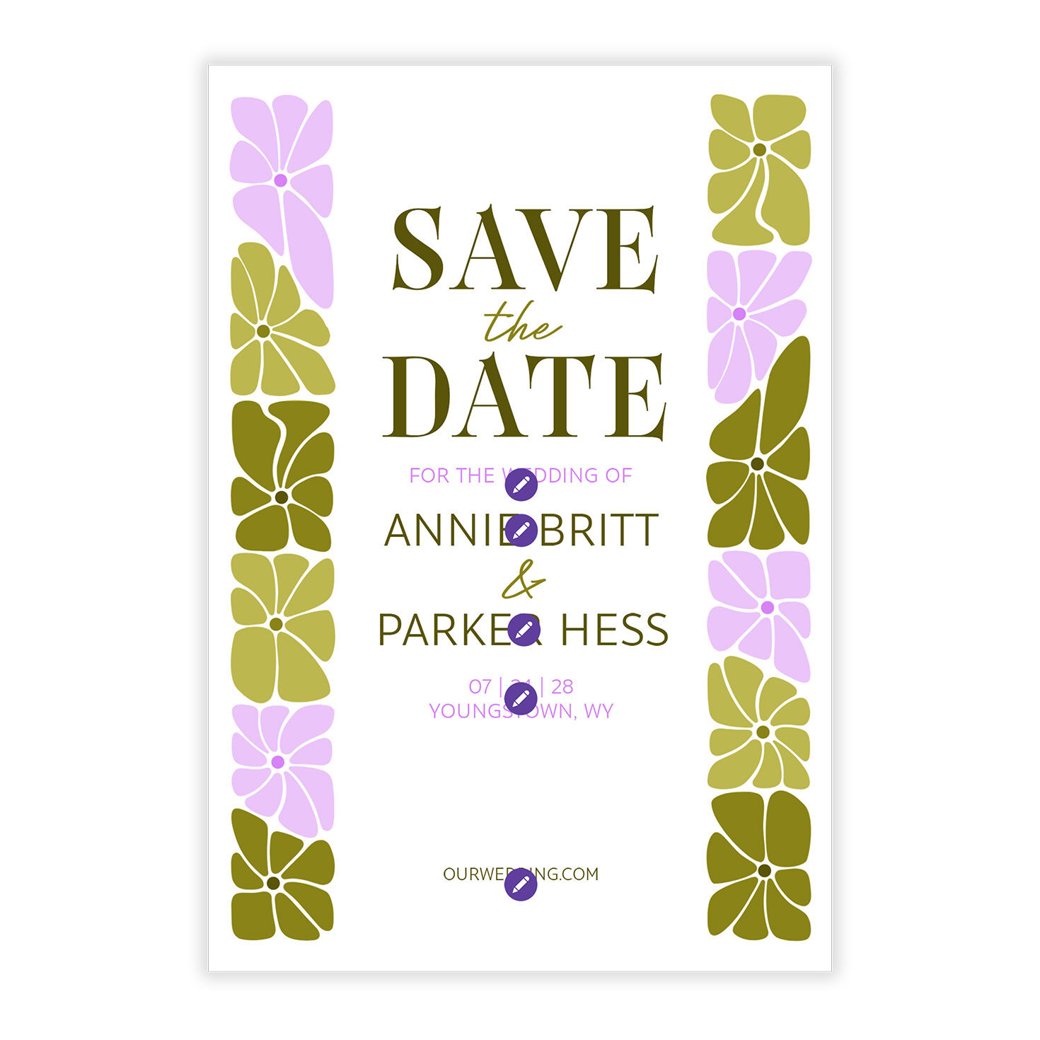 Green Pink Flowers Personalized Save the Date Card Card Front indicating personalization image number 5