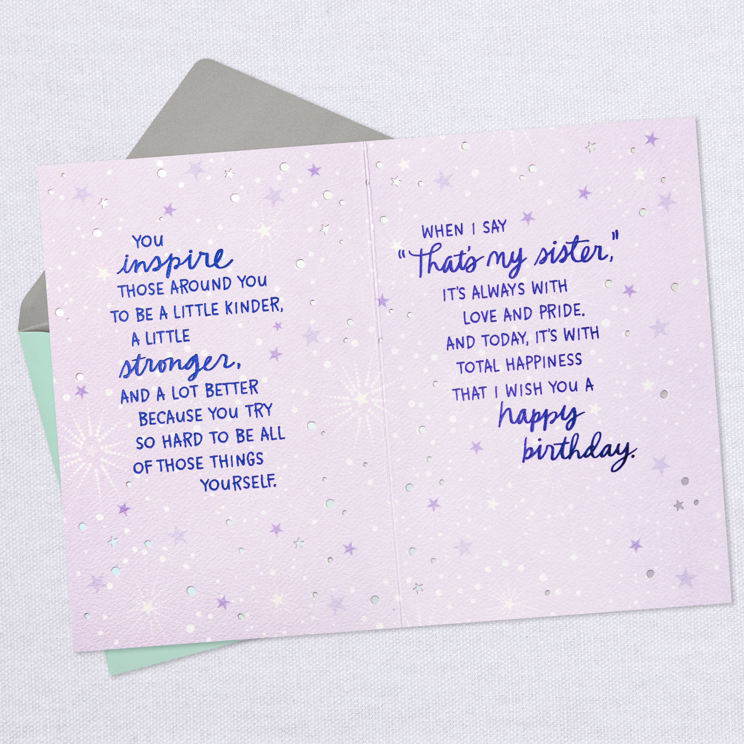 Stars on Purple Birthday Card for Sister Open card with envelope image number 3
