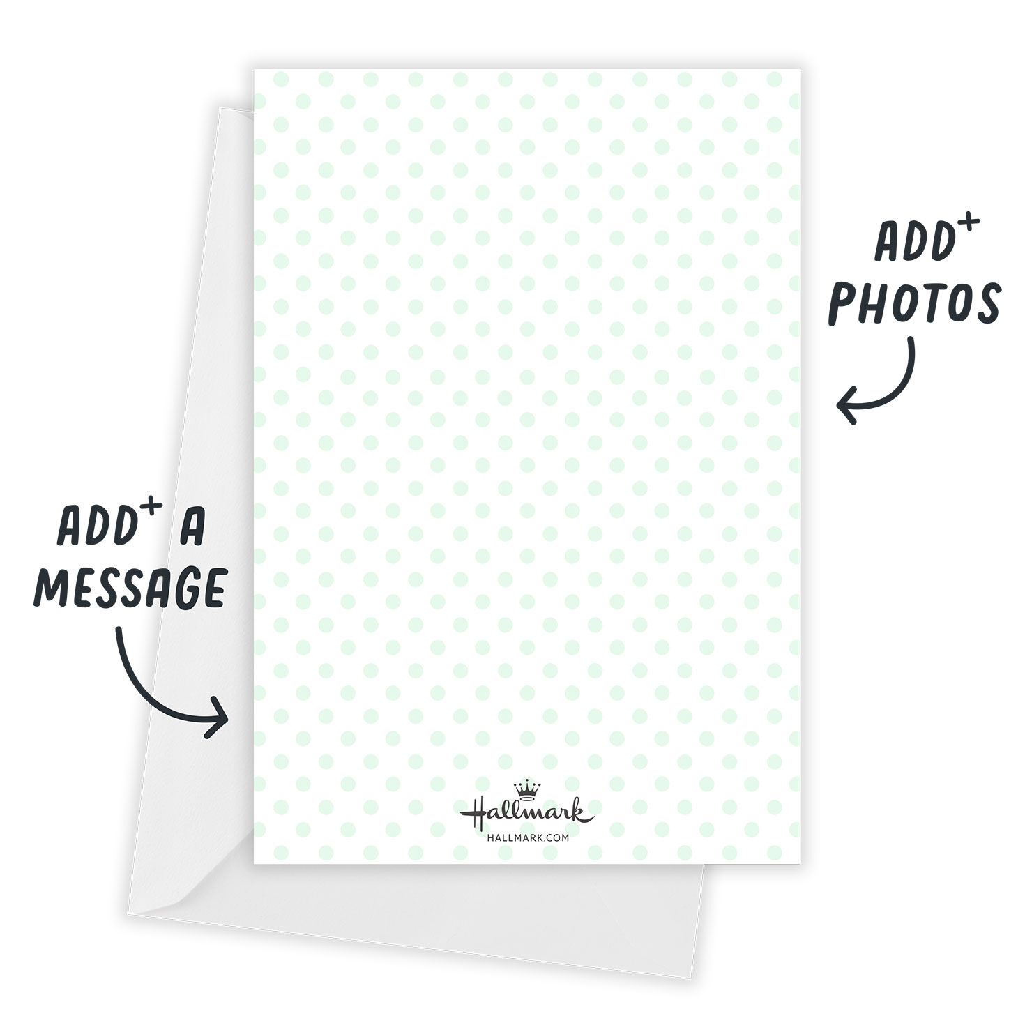 Green Rattle and Dots Personalized Baby Announcement Card back with Envelope indicating personalization image number 3