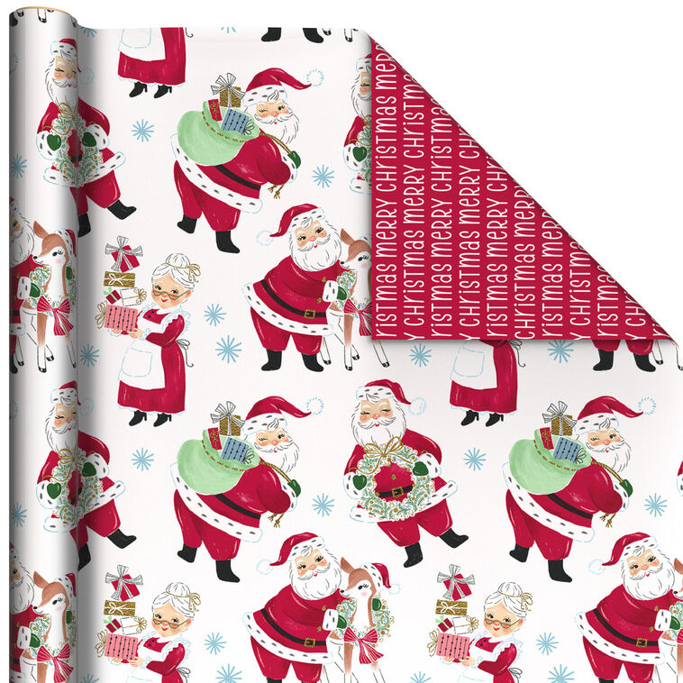 Vintage Santas/Merry Christmas on Red Reversible Wrapping Paper Roll, 30 sq. ft.