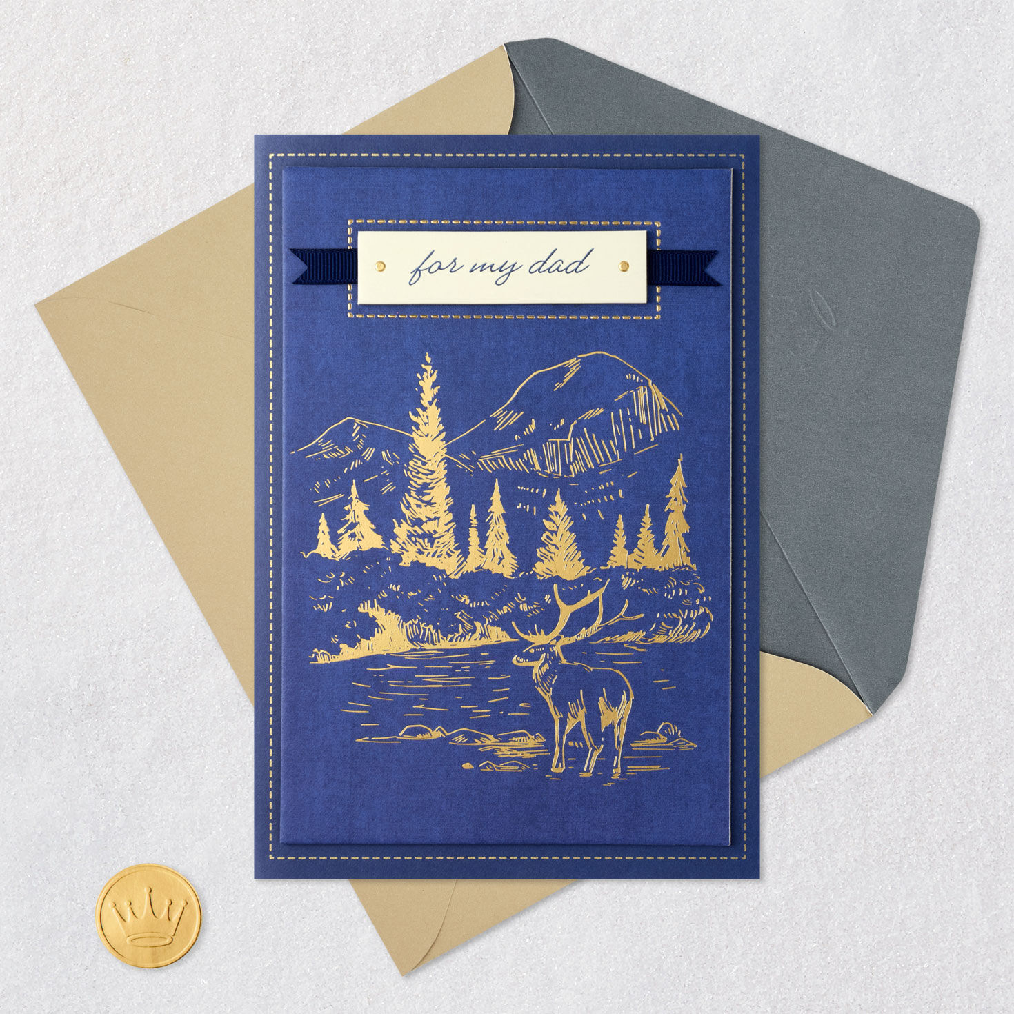 Stag Deer in Mountain Forest Dad Father's Day Card Card Front with Envelope and Gold Seal image number 5