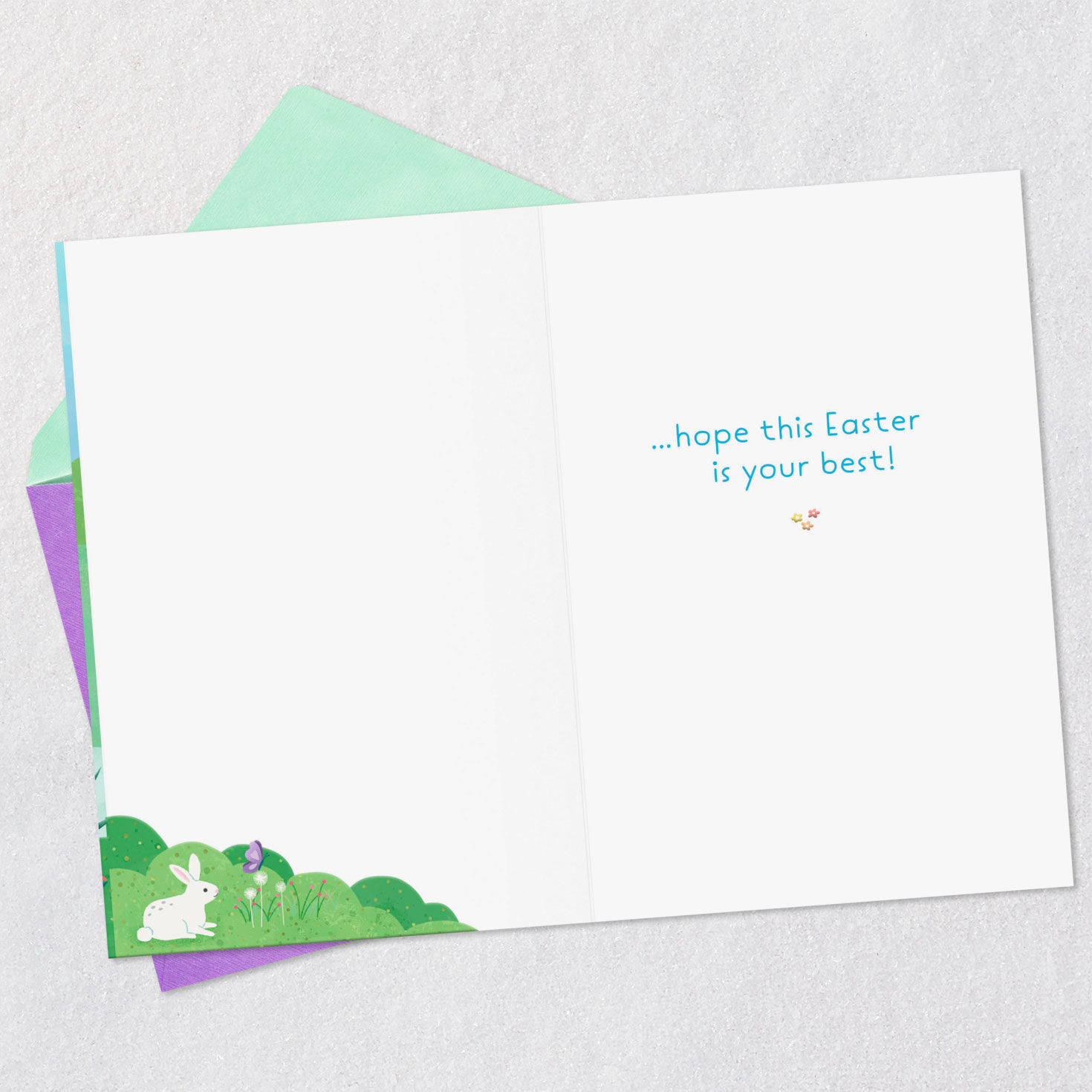 Lambs and Bunnies Spring Scene Easter Card Open card with envelope image number 3