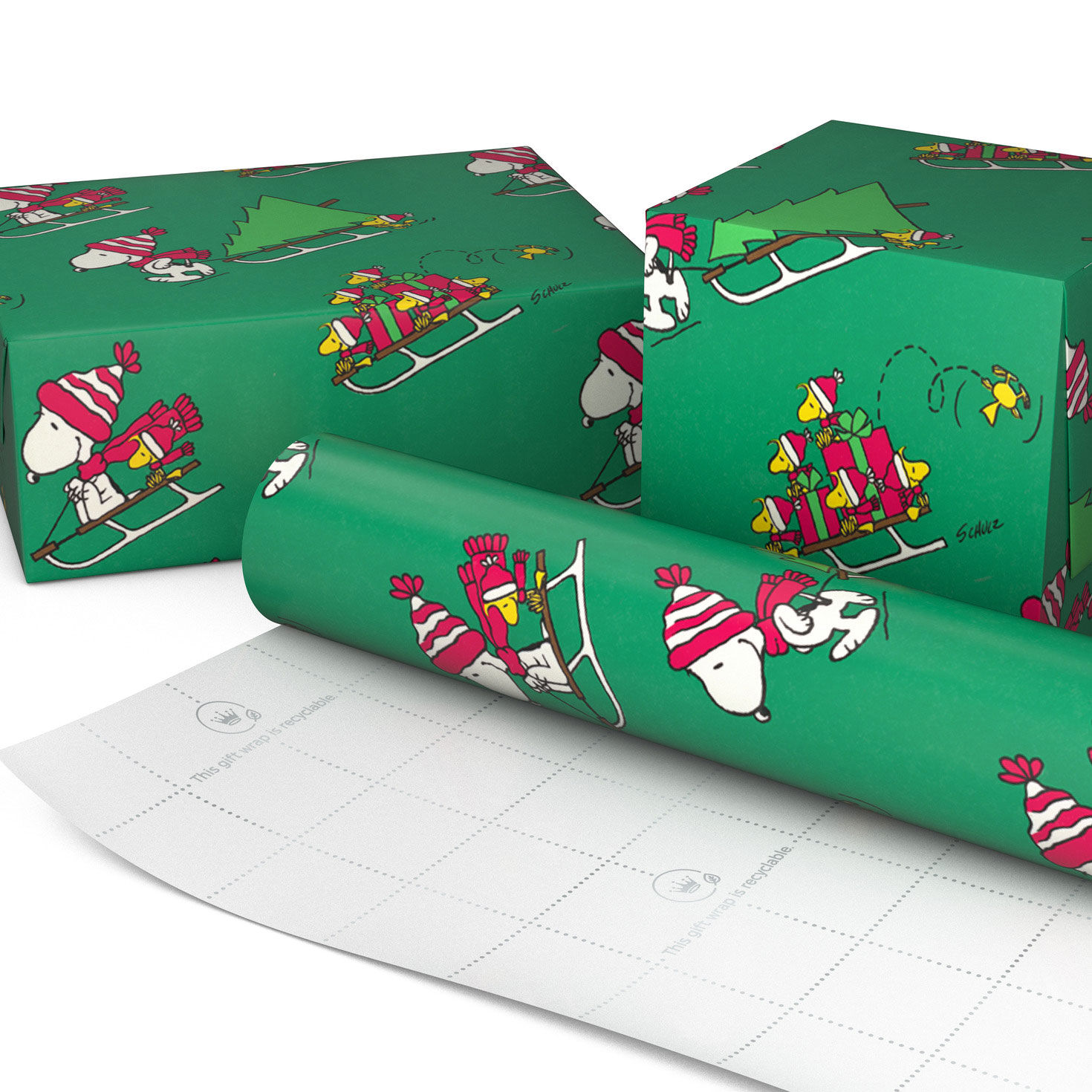 Sledding Snoopy on Green Holiday Gift Wrap Roll Wrapped pkg image number 2