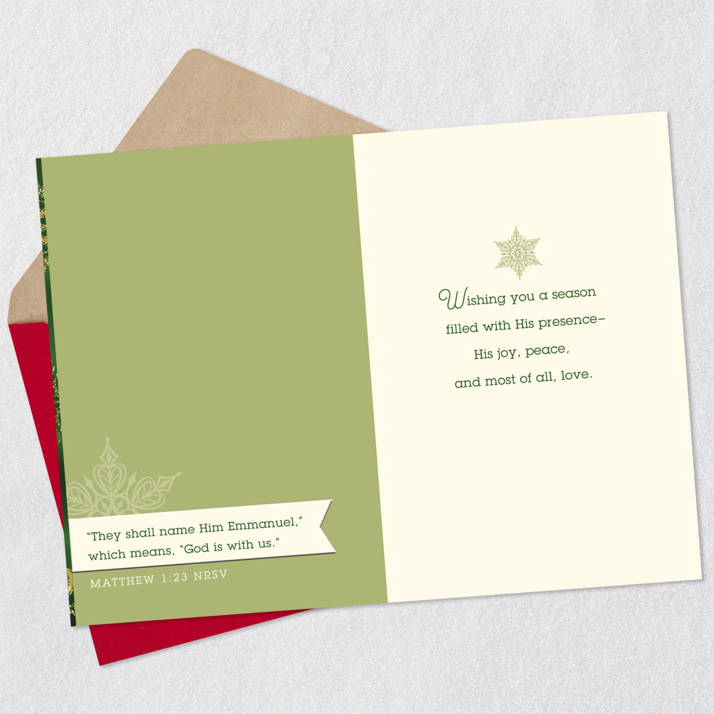 Gold Snowflakes on Green Religious Christmas Card Open card with envelope image number 4