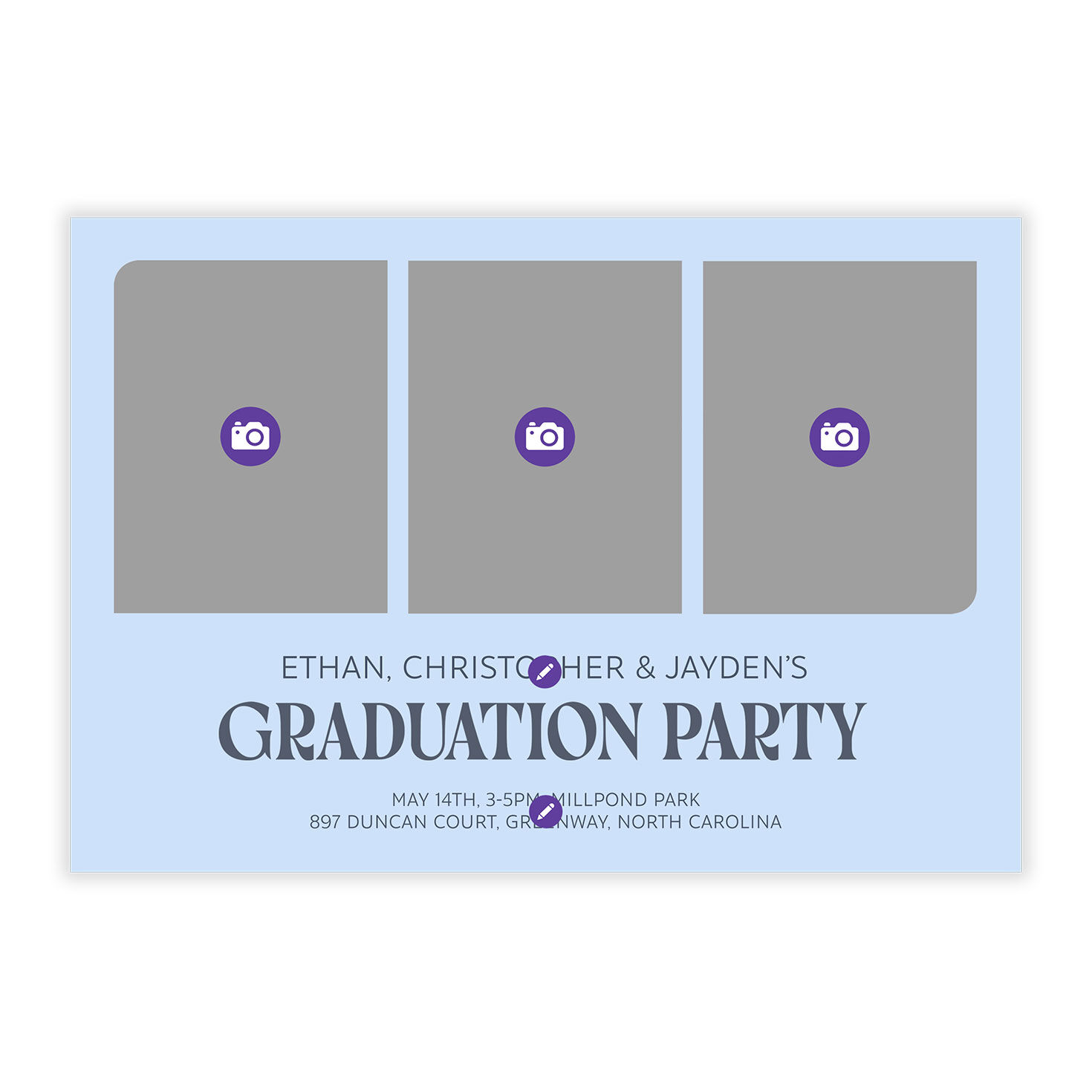 Three Photos Grad Party Invitation Card Front indicating personalization image number 5