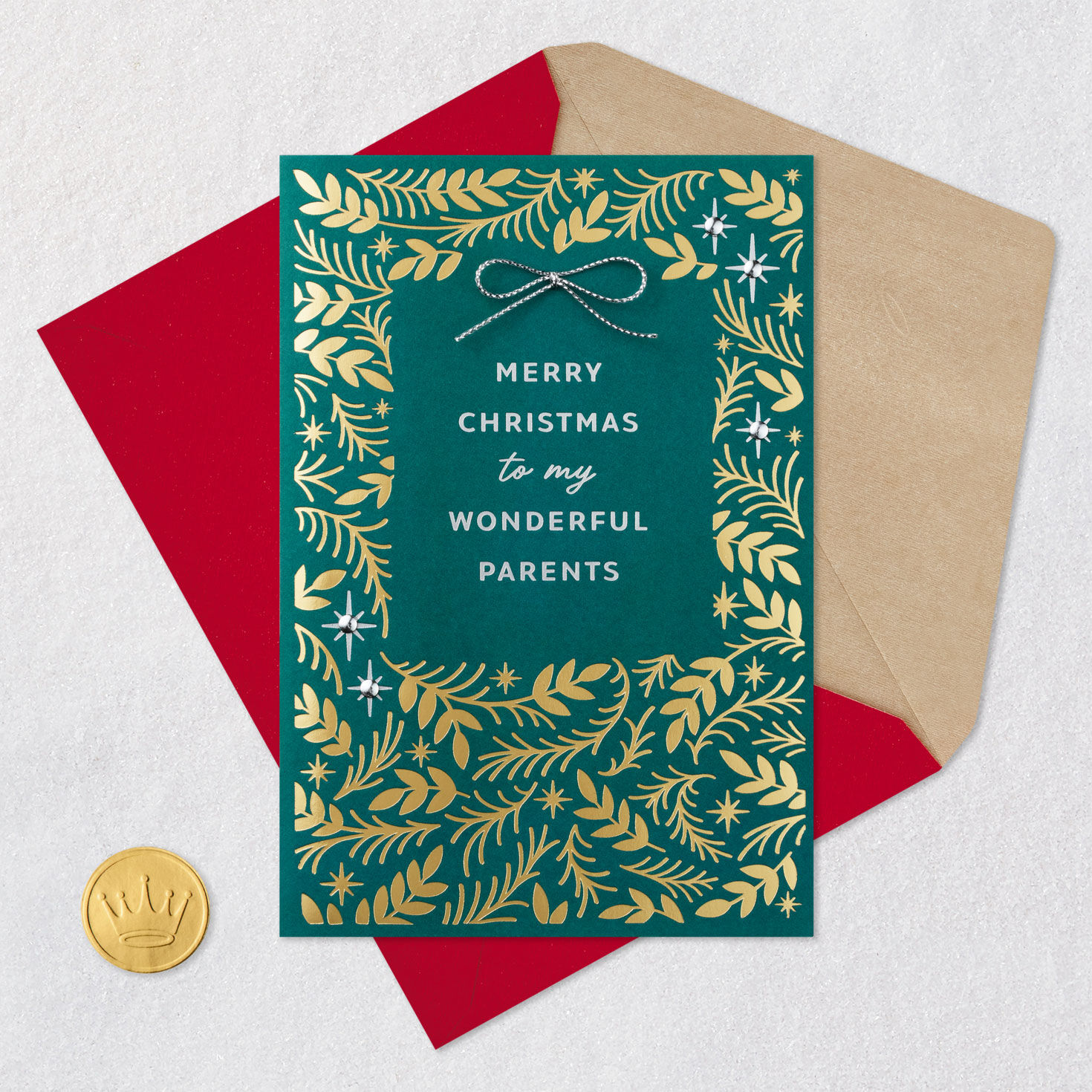 Gold Foliage Christmas Card for Parents from Son Card Front with Envelope and Gold Seal image number 6