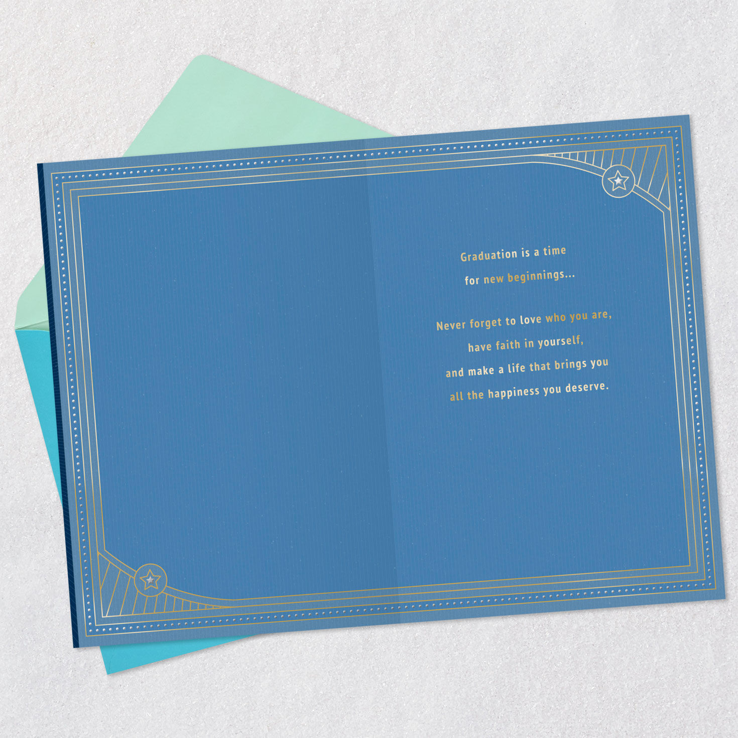Blue and Gold Art Deco Grad Icons 2026 Graduation Card Open card with envelope image number 3