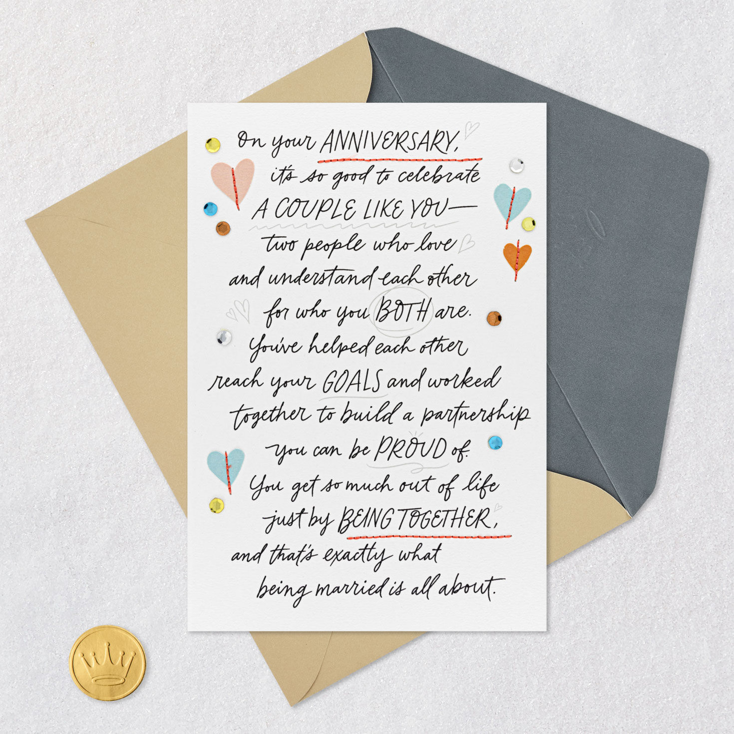 Hearts and Hand-lettering Anniversary Card for Couple Card Front with Envelope and Gold Seal image number 5