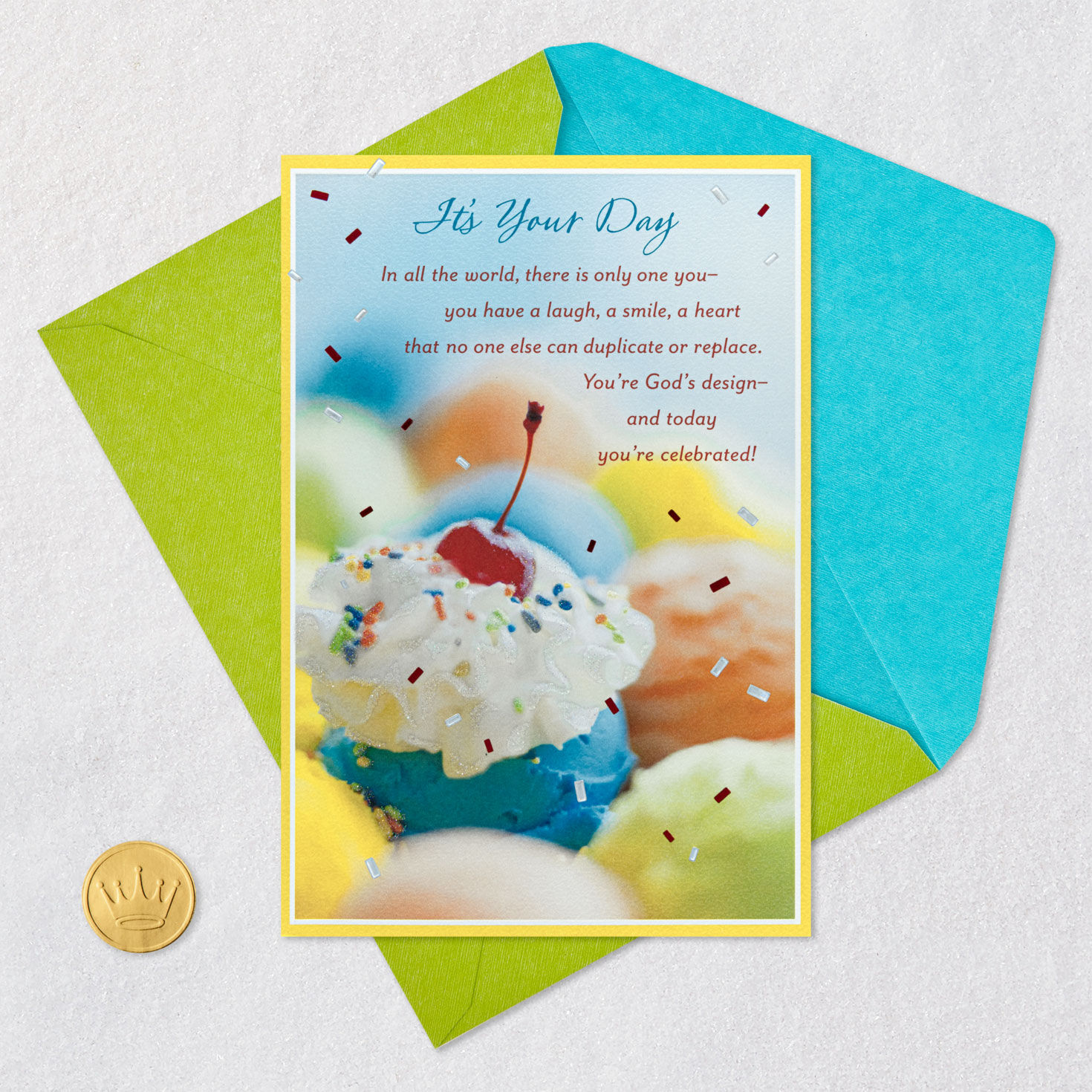 Colorful Ice Cream Scoops Christian Birthday Card Card Front with Envelope and Gold Seal image number 5