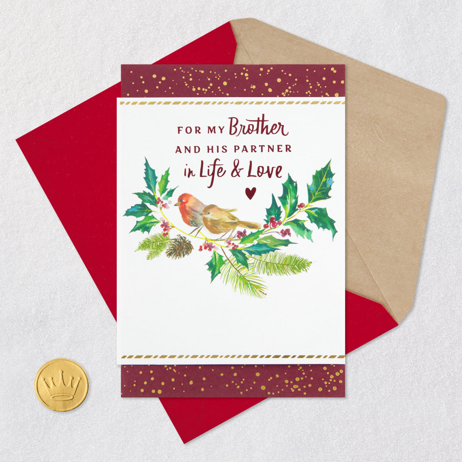 Birds on Branch Christmas Card for Brother and Partner Card Front with Envelope and Gold Seal image number 6