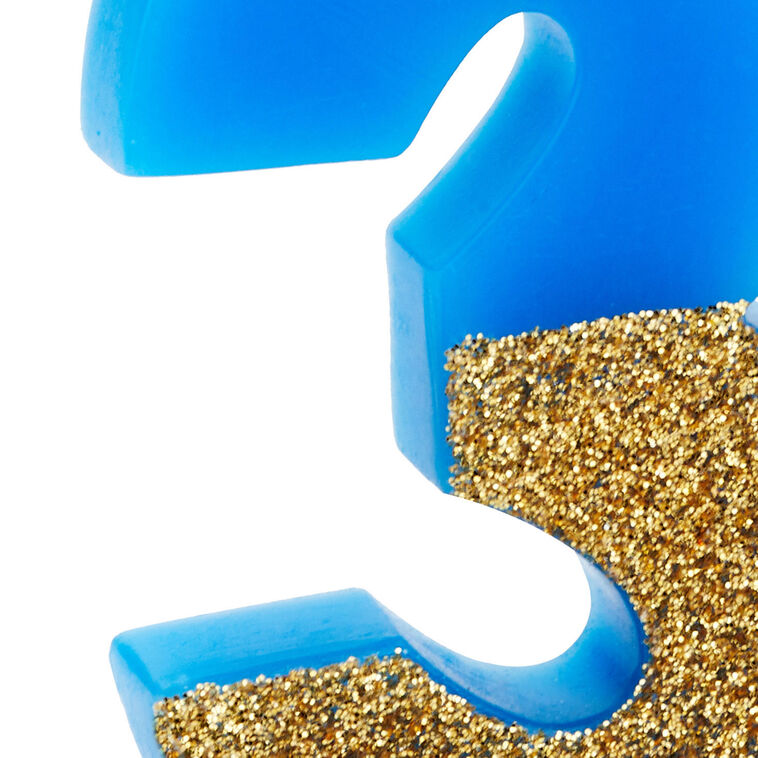 "3" Birthday Candle in Blue With Gold Glitter, , large image number 2