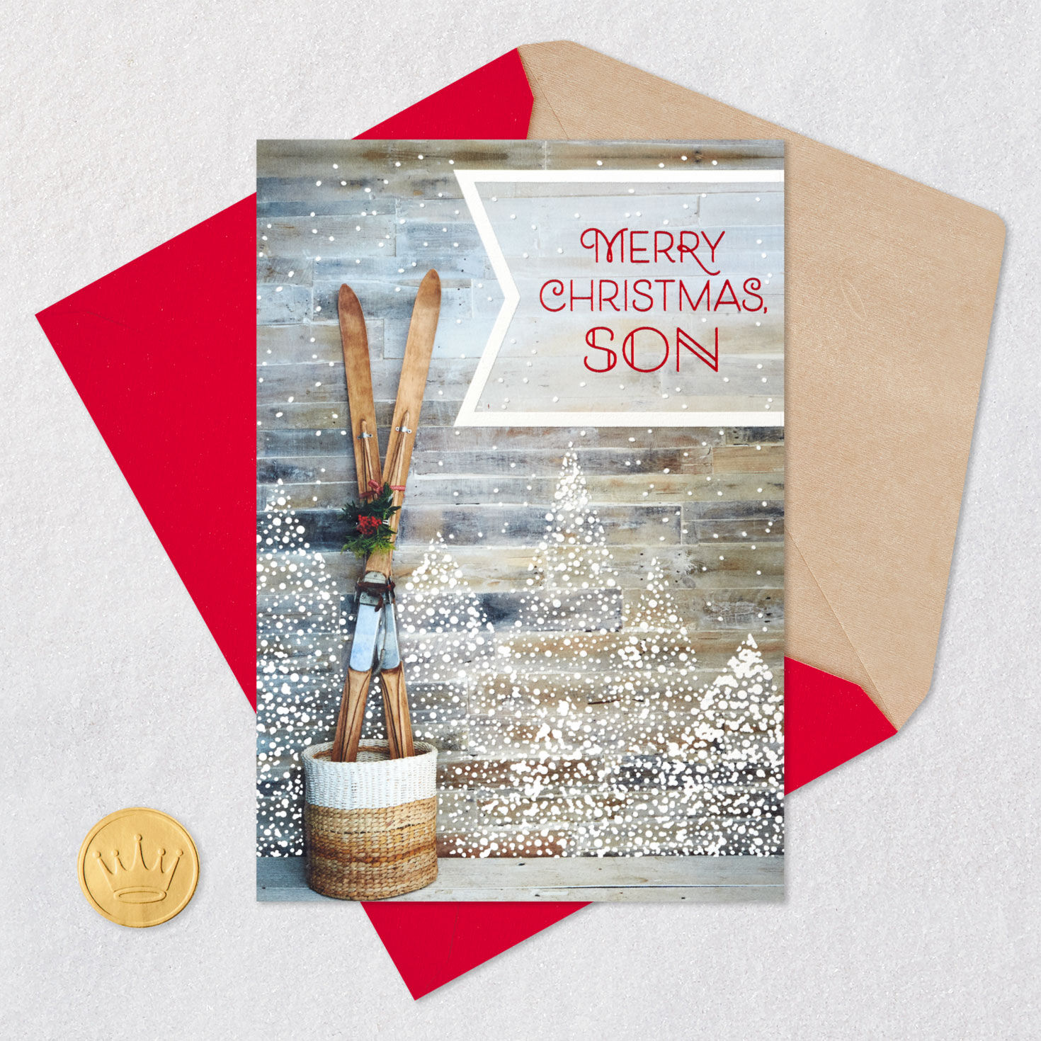 Vintage Wood Skis in Basket Son Christmas Card Card Front with Envelope and Gold Seal image number 6