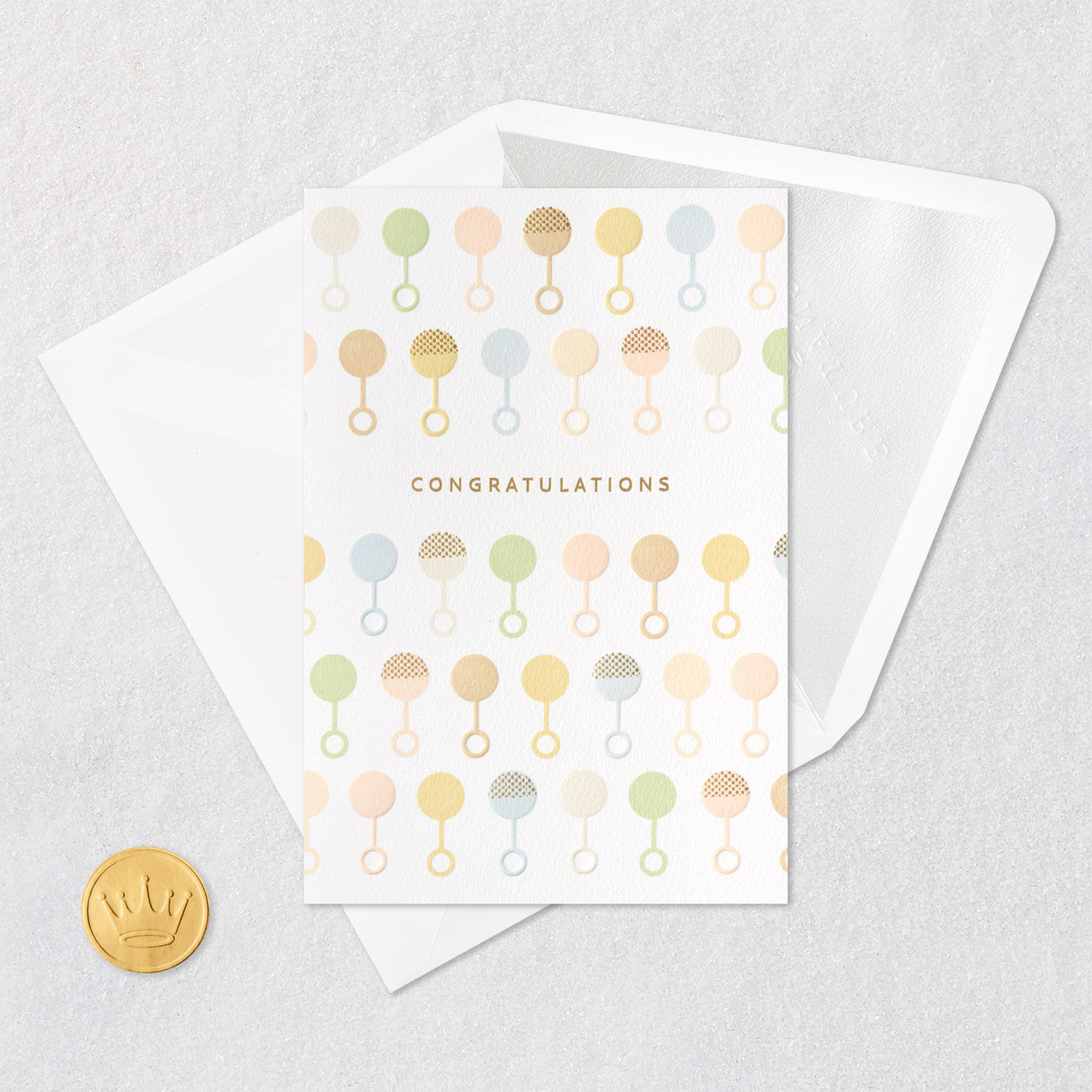Pastel Baby Rattles Baby Shower Card Card Front with Envelope and Gold Seal image number 6