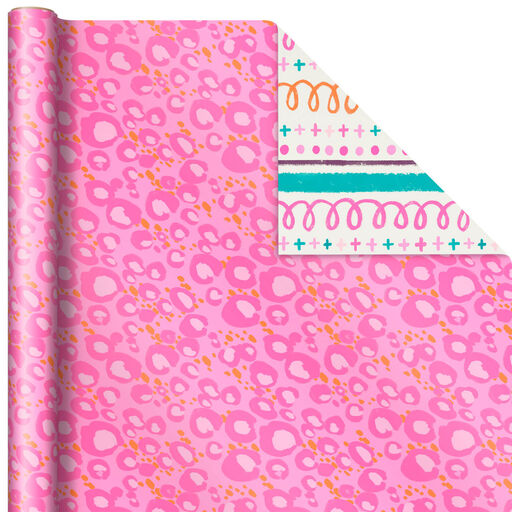 Pink Animal Print/Multicolor Doodles Reversible Wrapping Paper, 20 sq. ft., 