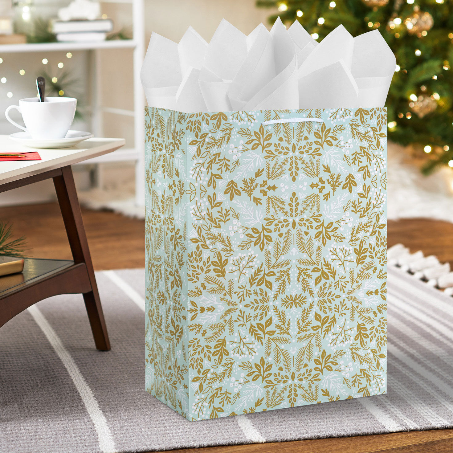20" Gold Winter Floral on Light Blue Jumbo Christmas Gift Bag for only USD 5.99 | Hallmark